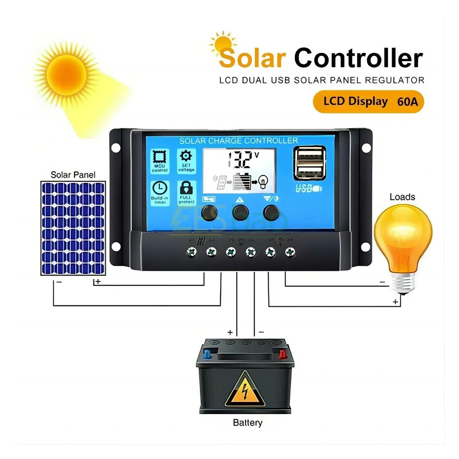 Contrôleur de Charge solaire 12V/24V PWM 10A 30A 60A 100A avec réglage la minuterie d'affichage LCD réglable EESBAO pour camping-car/camping-car(10A)