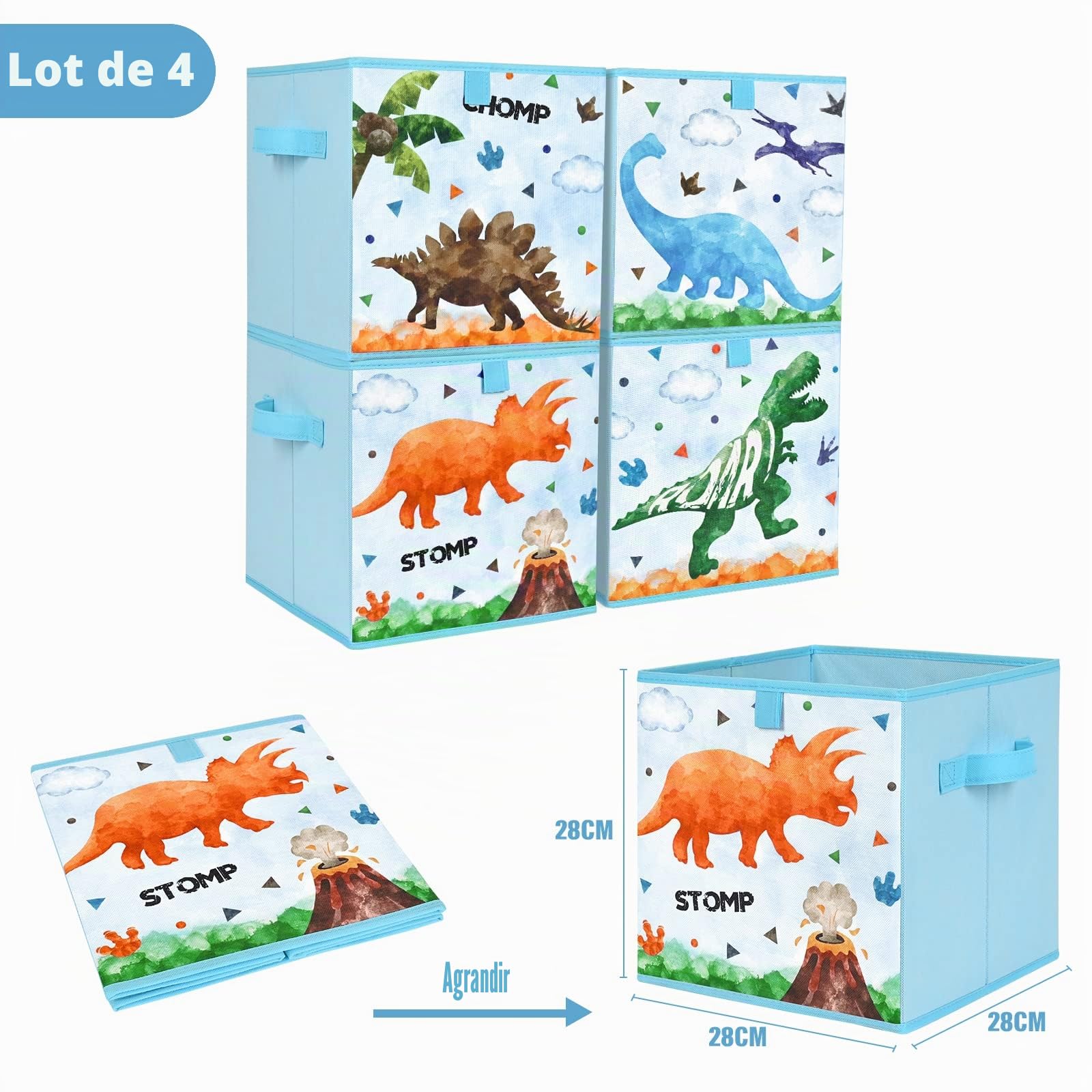 WERNNSAI Bacs Rangement en Cube Dinosaure – Lot 4 Cubes Rangement Pliables 28 cm en Tissu pour Enfant Bleu Paniers Rangement Décoratifs avec Poignées Maison Placard Chambre d'Enfant Chambre à Coucher