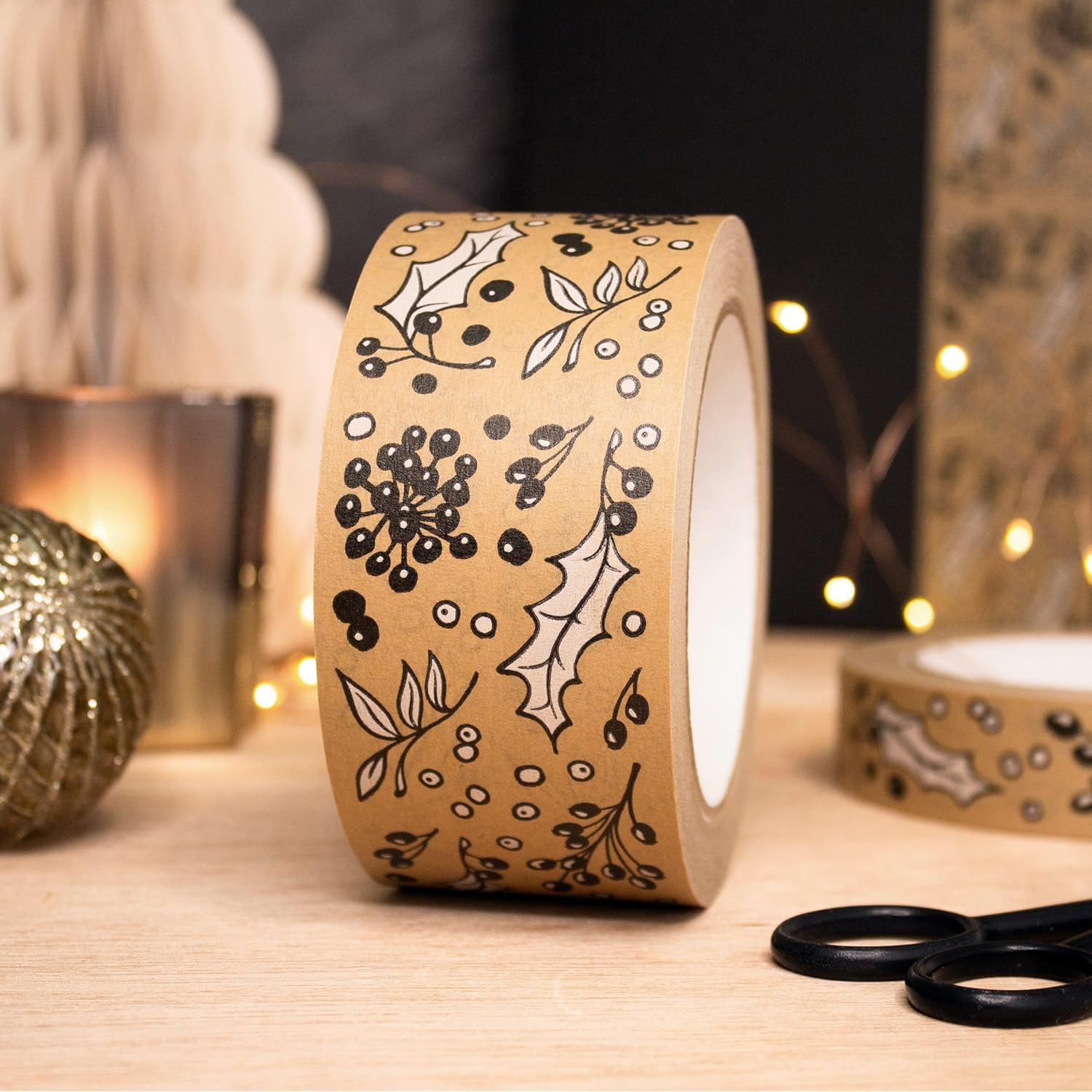 INKKIN Christmas Winter Berries and Festive Holly Pattern Paper Packing Tape (50mm), White, 50mm x 50m - Image 4