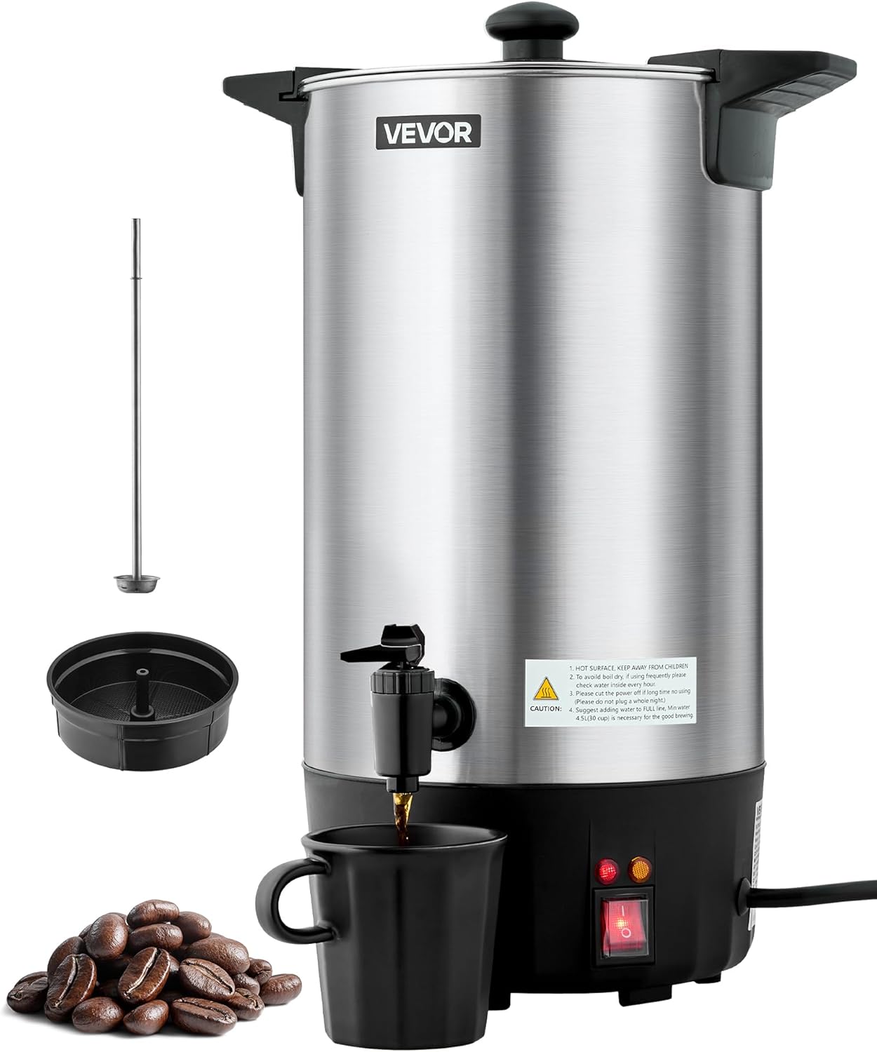 VEVOR Commercial Coffee Urn, 60 Cup 9 L Hot Beverage Dispenser with Dripless Faucet, Quick-Brewing Stainless Steel Large Commercial Coffee Maker, for Catering, Business, Party, Church & Restaurant 60Cups
