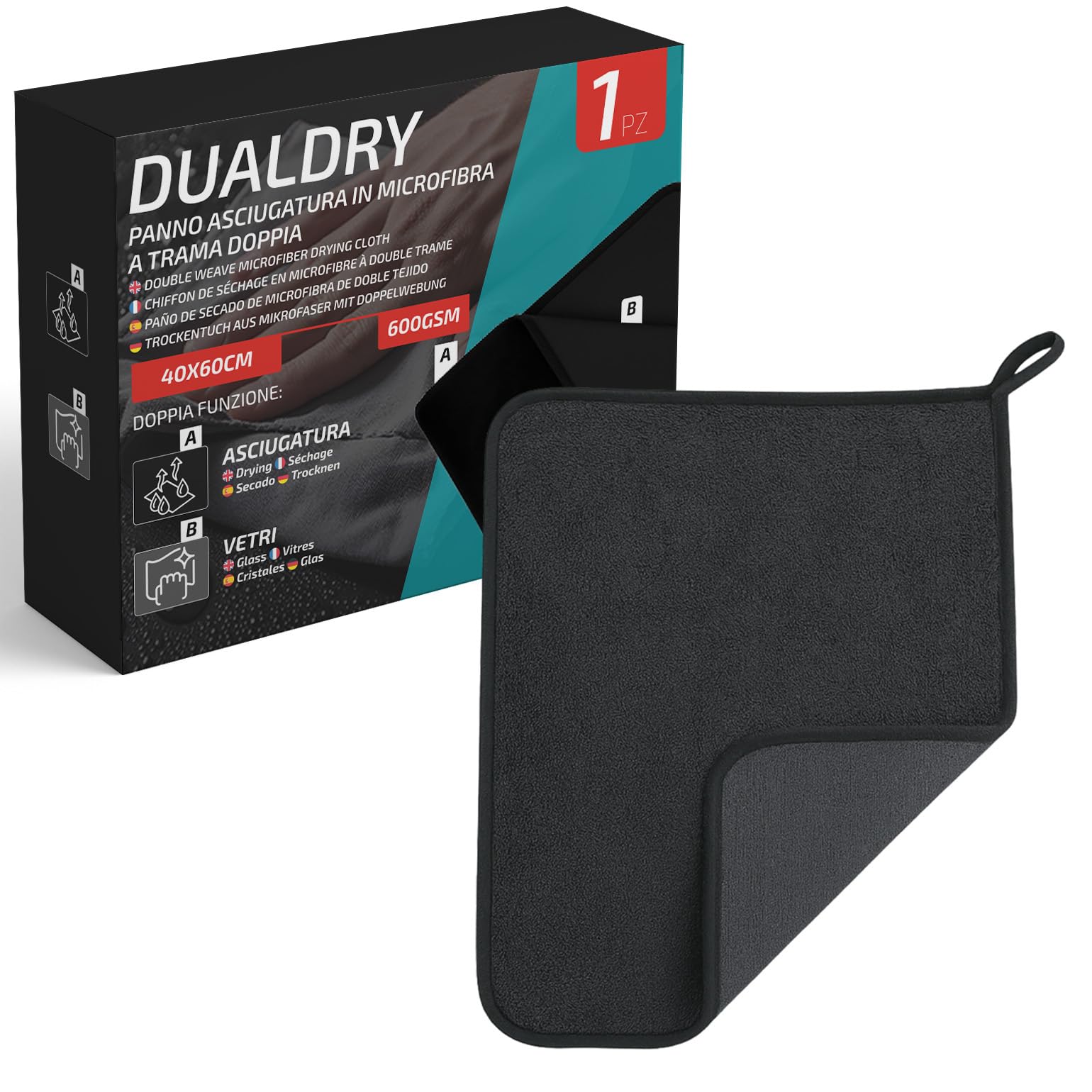 Panni asciugatura auto - 1 panno microfibra auto 40x60 cm 600 GSM doppia trama - panni auto asciugatura per carrozzeria vetri e detailing