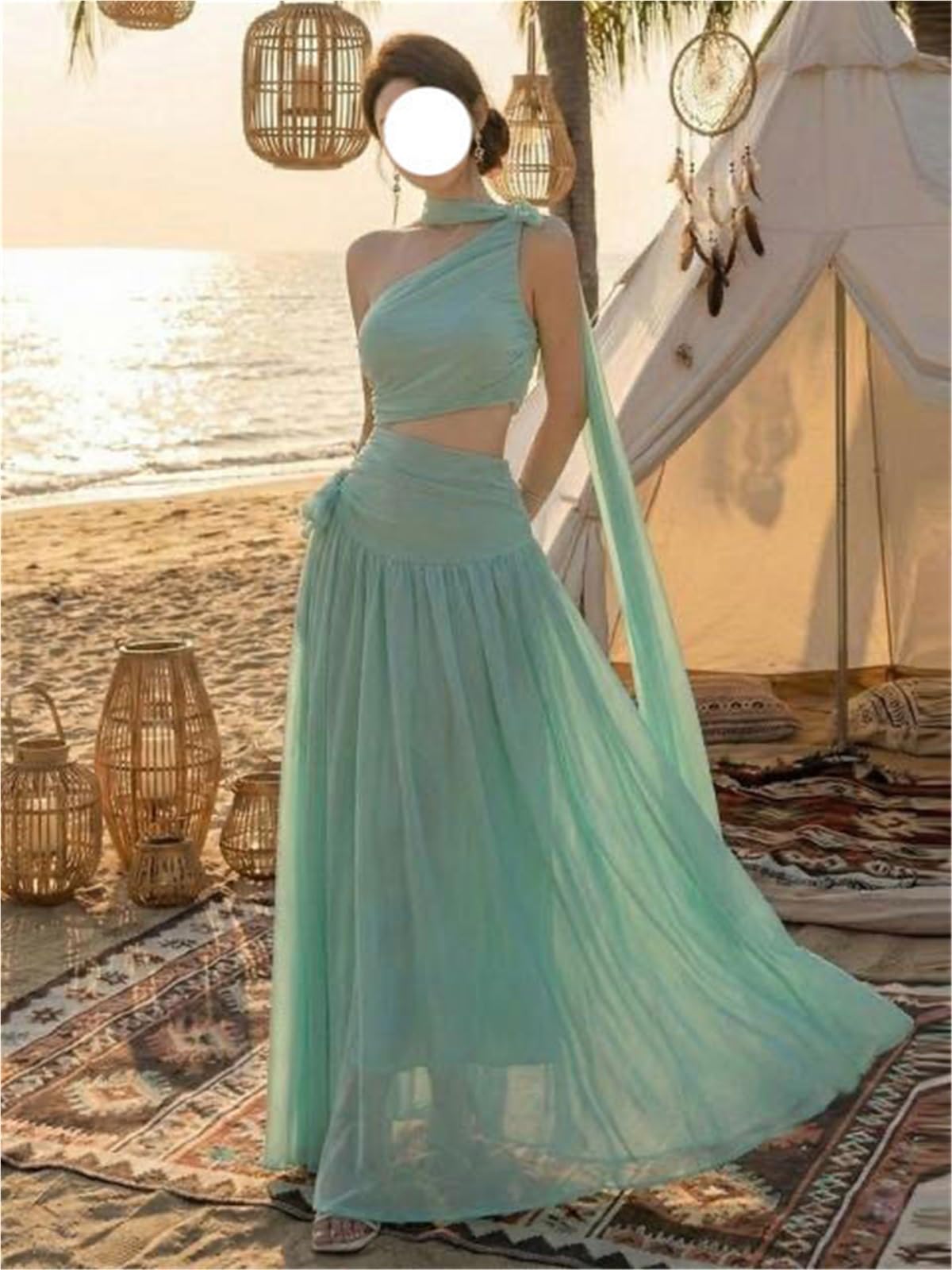 Vestido de Playa Verano for Mujer, Vestido Gasa sin Mangas con Hombros Descubiertos, Falda Irregular Cintura Alta Informal for Vacaciones, Estilo Cremallera