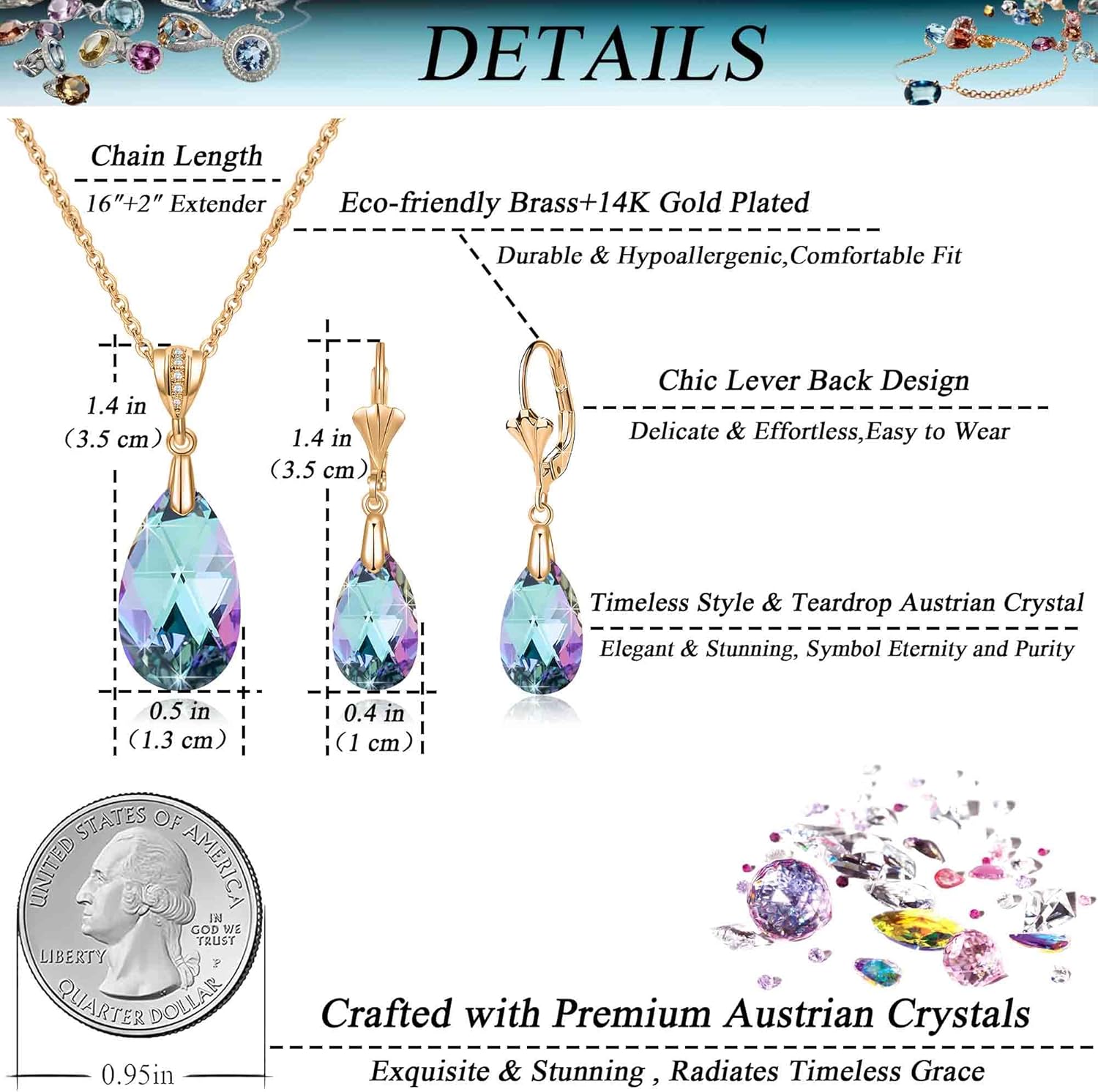 EVEVIC Austrian Crystals Teardrop Pendant Necklace Earrings for Women 14K Gold Plated Hypoallergenic Leverback Drop Dangle Earrings Jewelry Set - Image 4