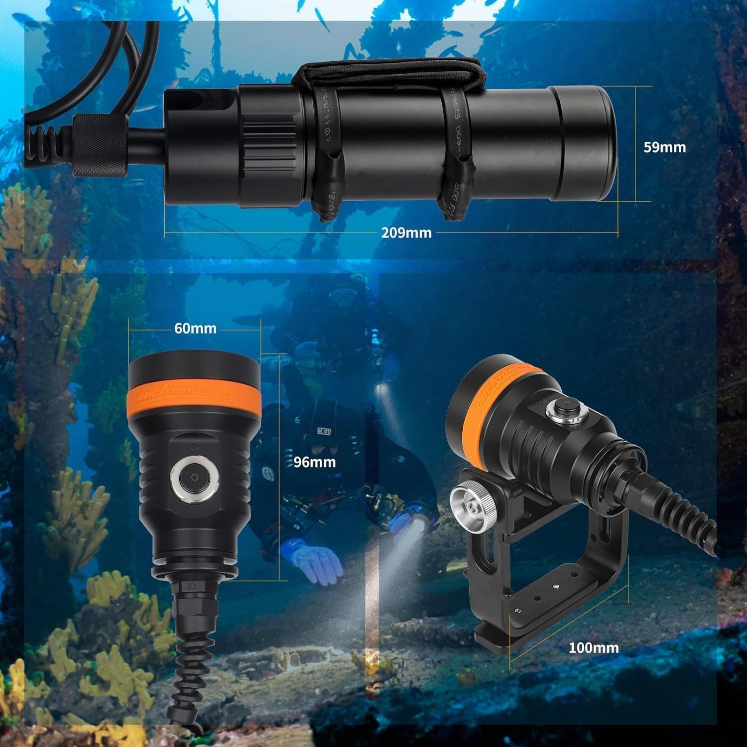 Orcatorch D630 5 LED 4000 Lumen Directo o Lateral de Configuración Principal Tecnología Linterna Sumergible para Buceo en Cuevas | Montaje Lateral Posterior, Cable Ajustable 90–180°, IP68 Impermeable, Empuñadura Goodman Incluida, Espeleo Buceo Naufragios