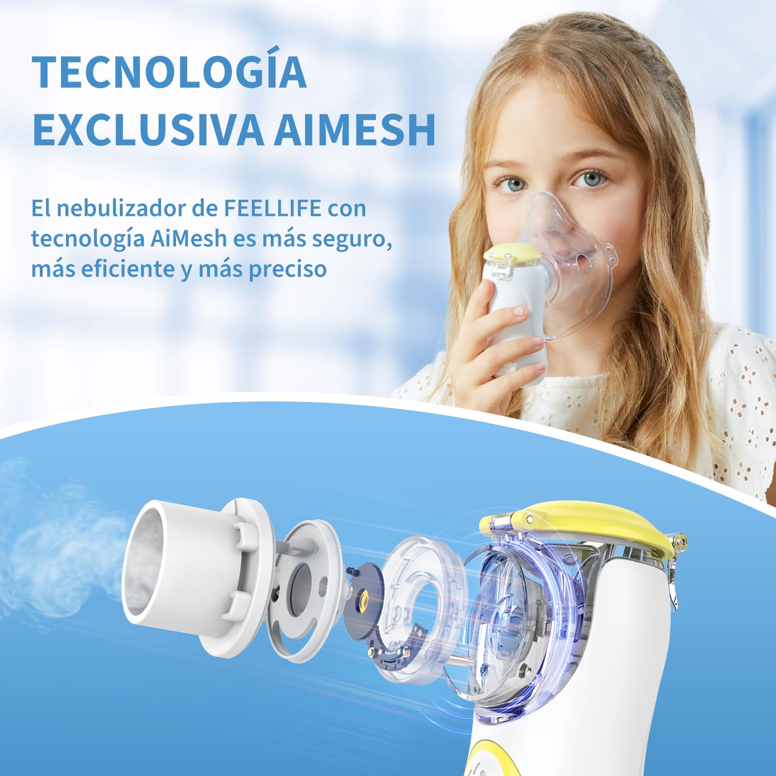 FEELLIFE Nebulizador Portatil para Bebe y Adultos, Nebulizador Silencioso Tasa de Atomización Ajustable, Inhalador Recargable para El Tratamiento de Tos, Asma, Enfermedades Respiratorias-Amarillo