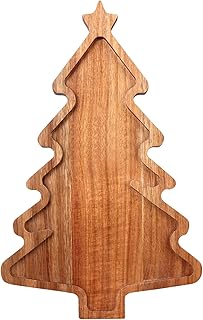 Acacia Wood Christmas Tree Tray - Decorative Serving Platter, Festive Plate, Xmas Dish & Wooden Charcuterie Board for Holiday Gift, Cheese, Fruit, Veggie & Cookie, Food, Snack, 16” x 10”