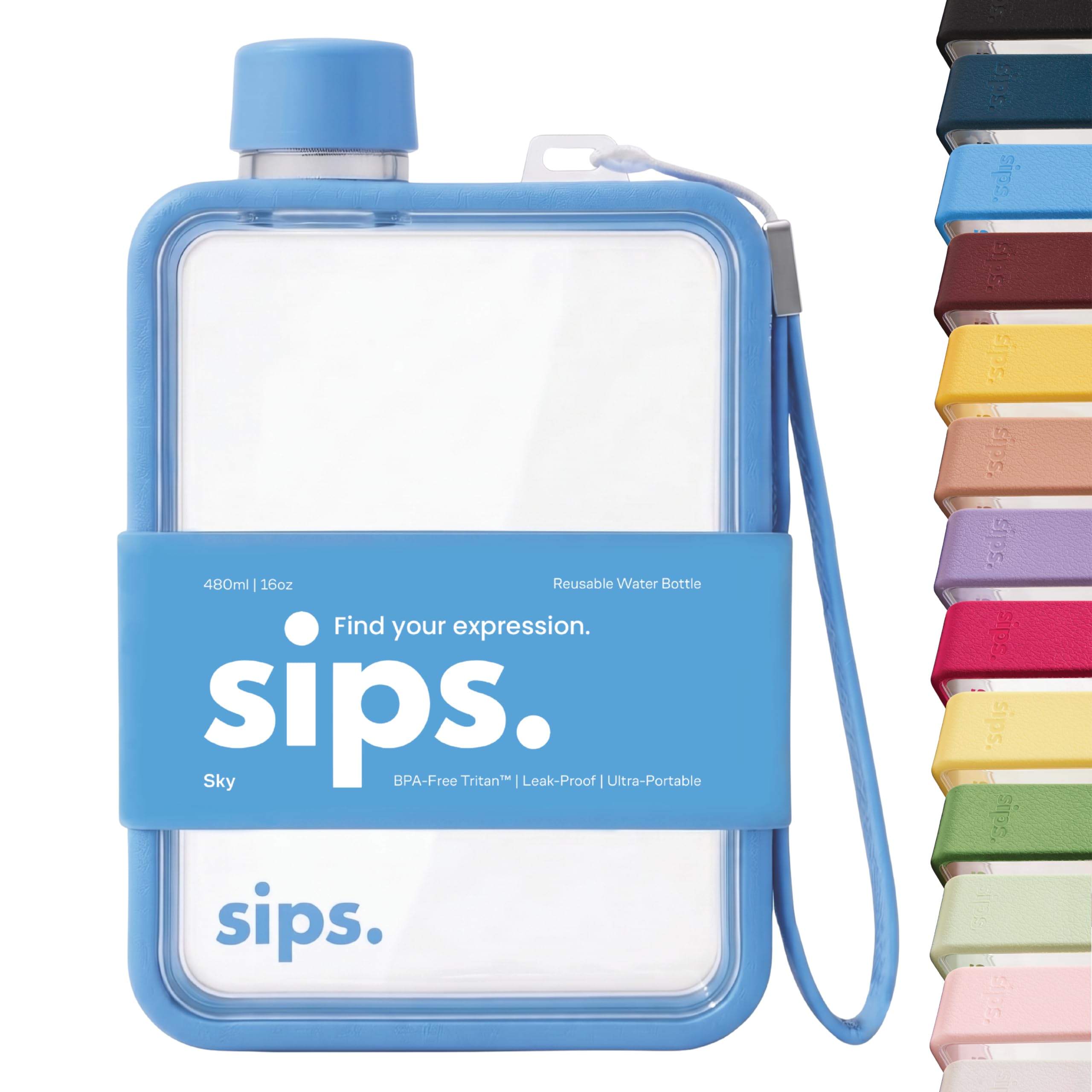 Sips. Flat Water Bottle 480ml, BPA Free Tritan Small Water Bottle for Purse, Gym, Travel, Leakproof, TPU Grip, PU Strap, 17 Colors