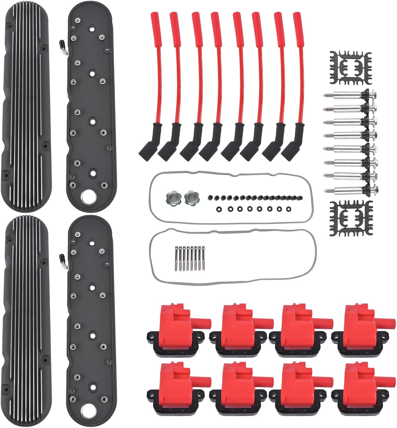 Aluminum Valve Cover with 2PCS Finned Vintage Hidden Coil Replacement for Chevy GM LS - Black