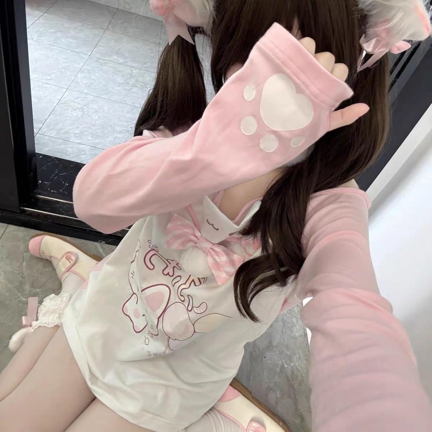 Pokn Y2K Halter Neck Off-Shoulder Shirt Laced Crewneck Cartoon Print Top Long Sleeve Kawaii Cutecore Sweatshirts image 5