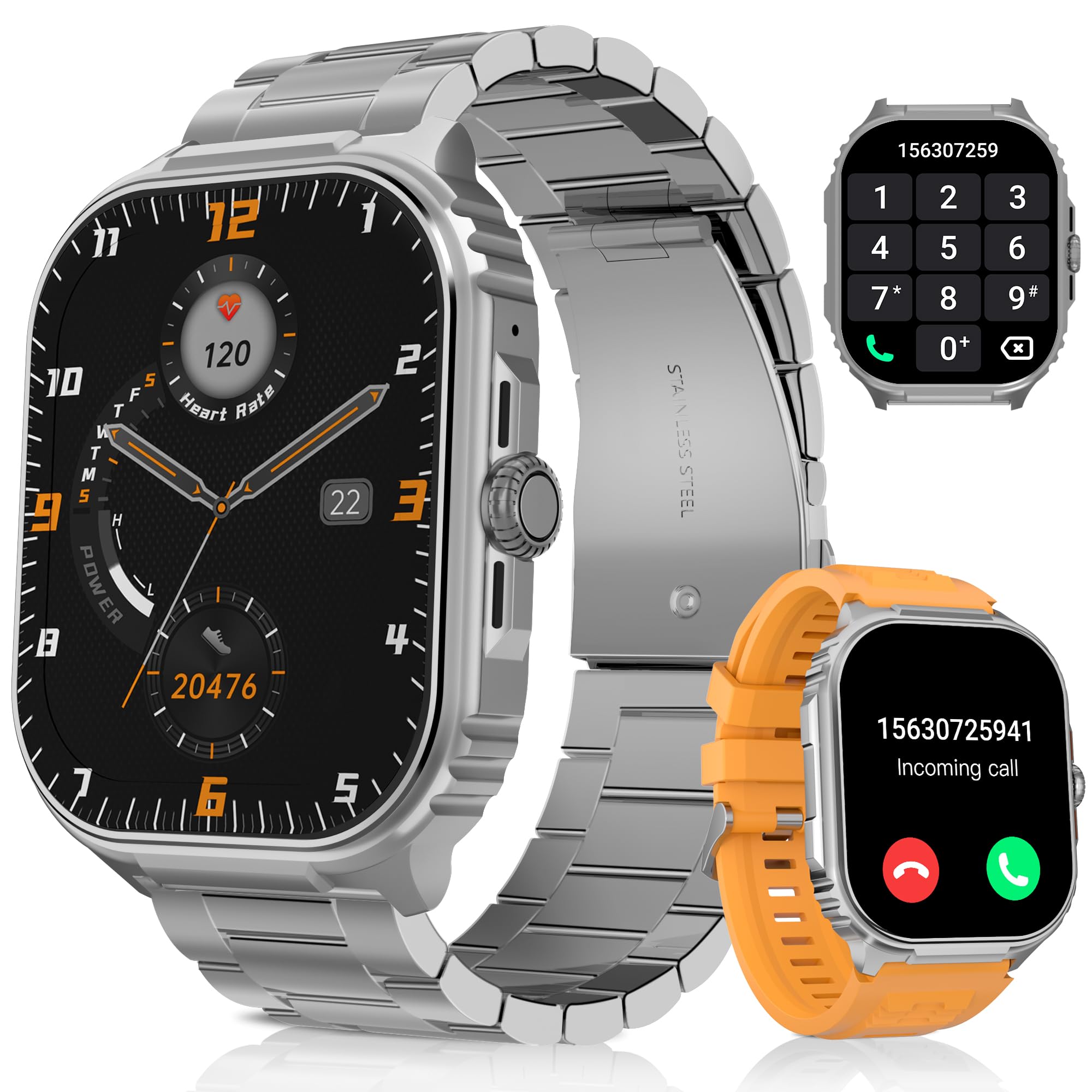 Wojskowy smartwatch męski, ekran dotykowy HD o przekątnej 2,01", IP68, zegarek sportowy z funkcją telefonu, monitorem tętna/SpO2/snu, tracker aktywności, 100+ trybów sportowych dla iOS
