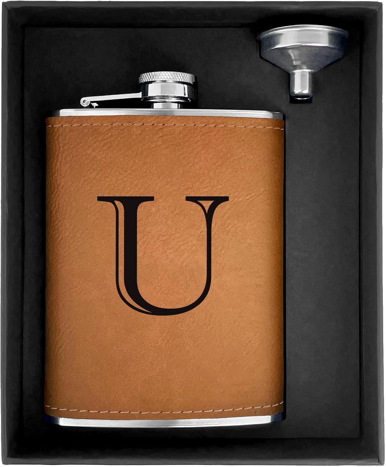 CARAKNOTS Hip Flask for Men Leather Engraved Drinking Whiskey Flasks for Liquor with Initials Stainless Steel with Funnel 8 oz Personalized Christmas Birthday Gifts for Dad Him Letter U