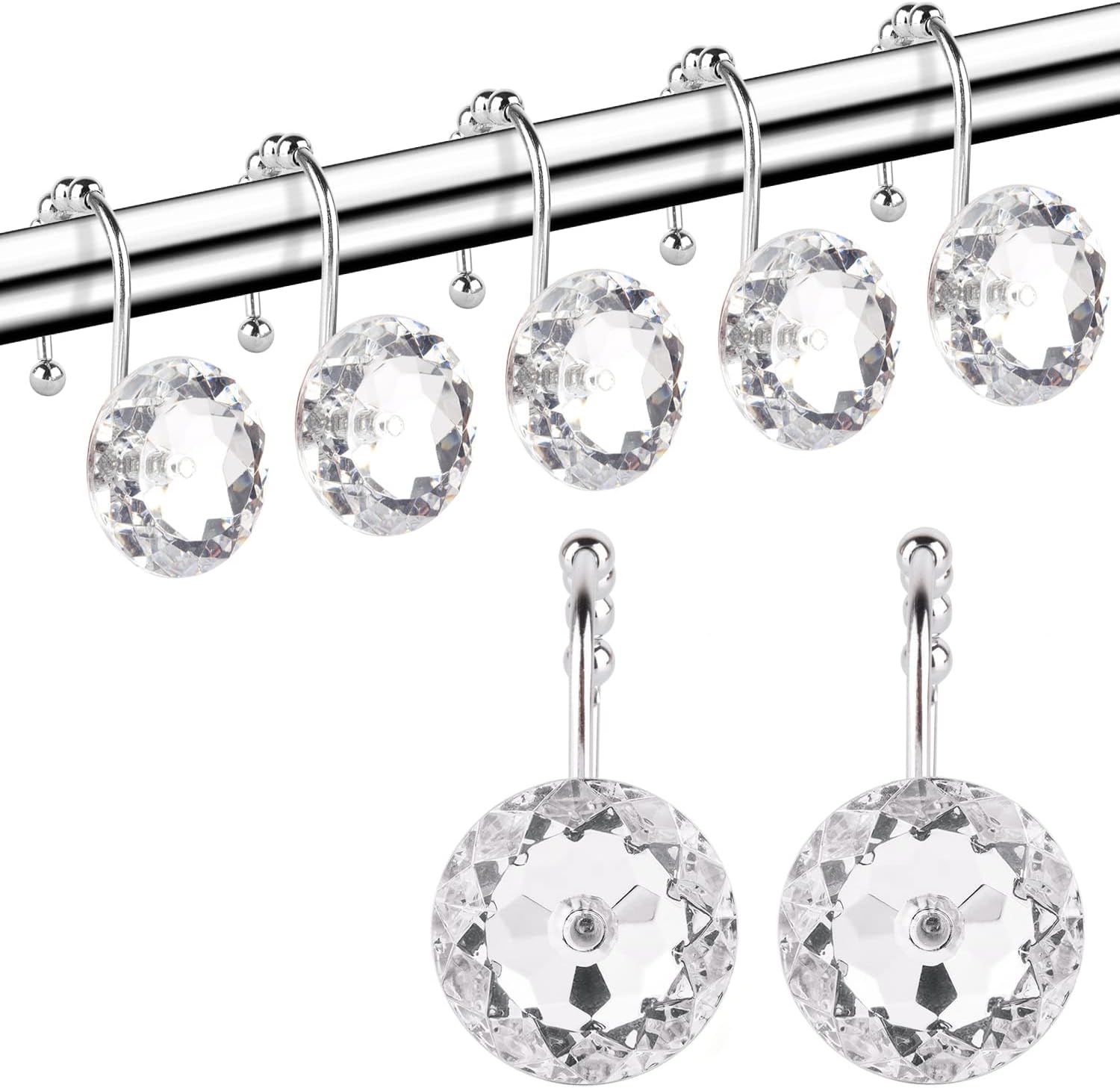 Shower Curtain Hooks Rings 12Pcs Crystal Rolling Shower Curtain Hooks, Stainless Steel Rust Proof Decorative Window Shower Hooks Hangers for Bathroom, Living Room, Towels (Clear) : Home & Kitchen
