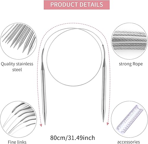 Miniatura 3 de Juego de 8 agujas de tejer circulares de acero inoxidable de 31.5 in, agujas de tejer de metal de doble punta, alfileres de tejer circulares con