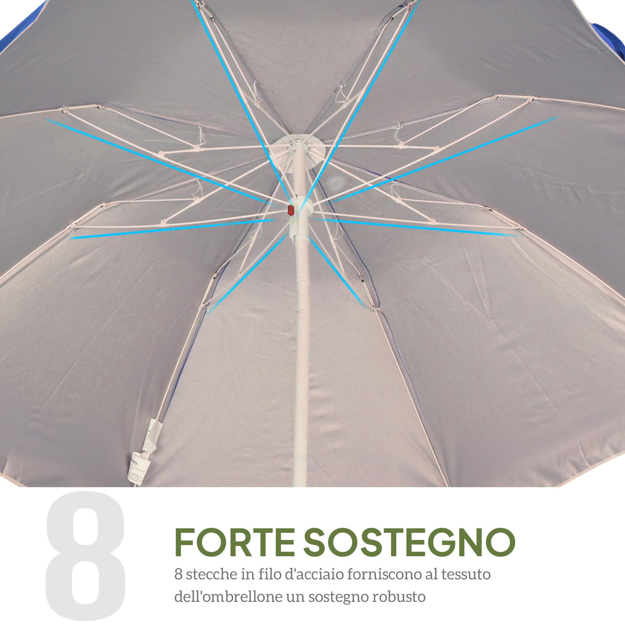 Outsunny Ombrellone da Spiaggia Ø1.6x2 m con Tettuccio Reclinabile, Ombrellone da Spiaggia Portatile con 8 Stecche, Borsa da trasporto e Design a 3 Sezioni in Metallo e Poliestere, Protezione UV, Blu