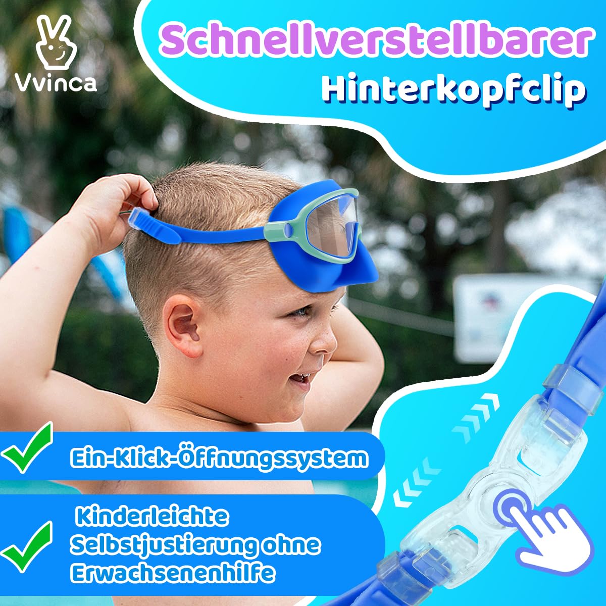Vvinca Gafas de natación con clip nasal impermeables para niños de 3 a 15 años, juego de 2 unidades, máscara de buceo gran angular, antivaho/protección UV