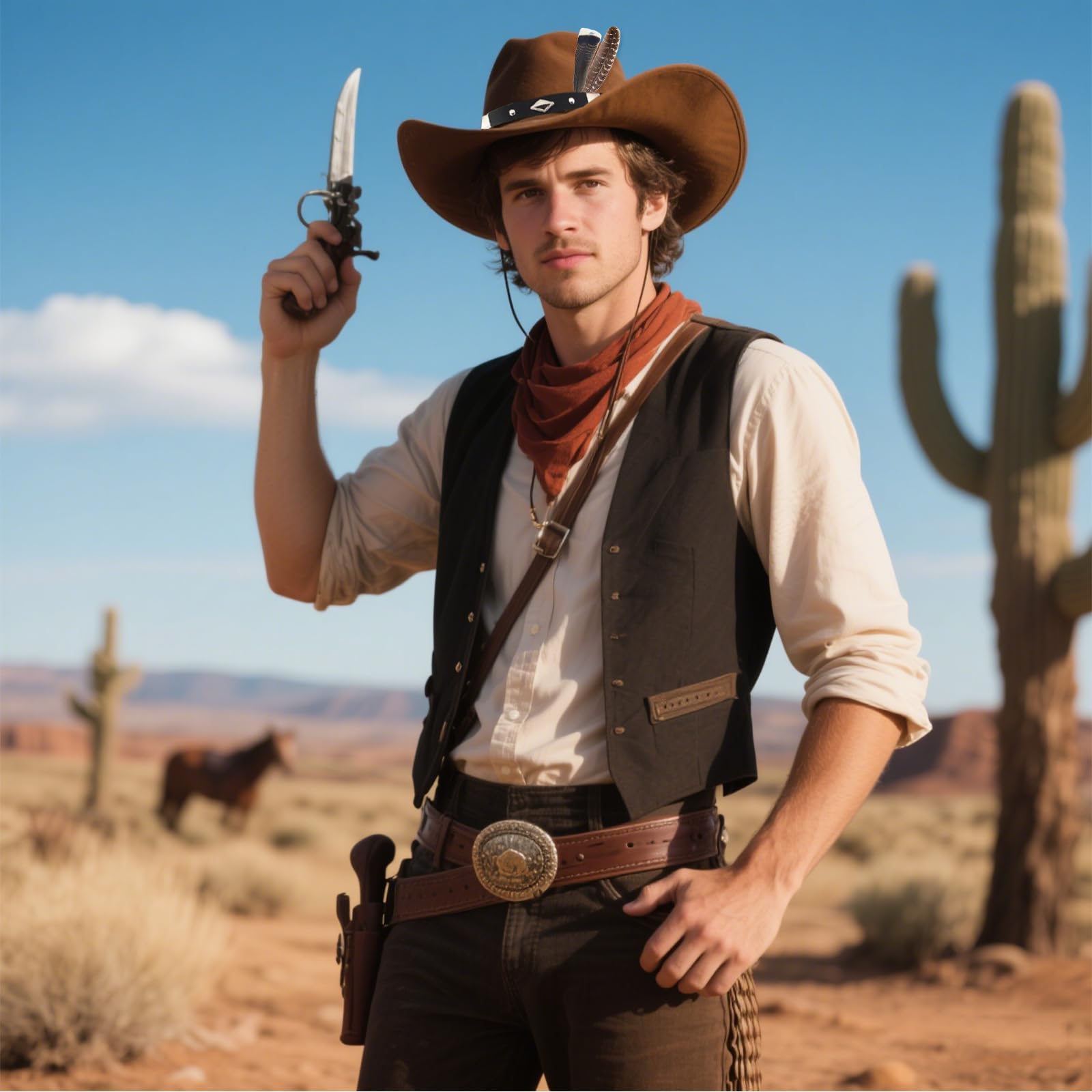 Feathers Leather Hatband for Western Cowboy with Red Paisley Bandana,Straw Denim Hat Belt Decoration Accessories for Pirate, Halloween, Themed Party