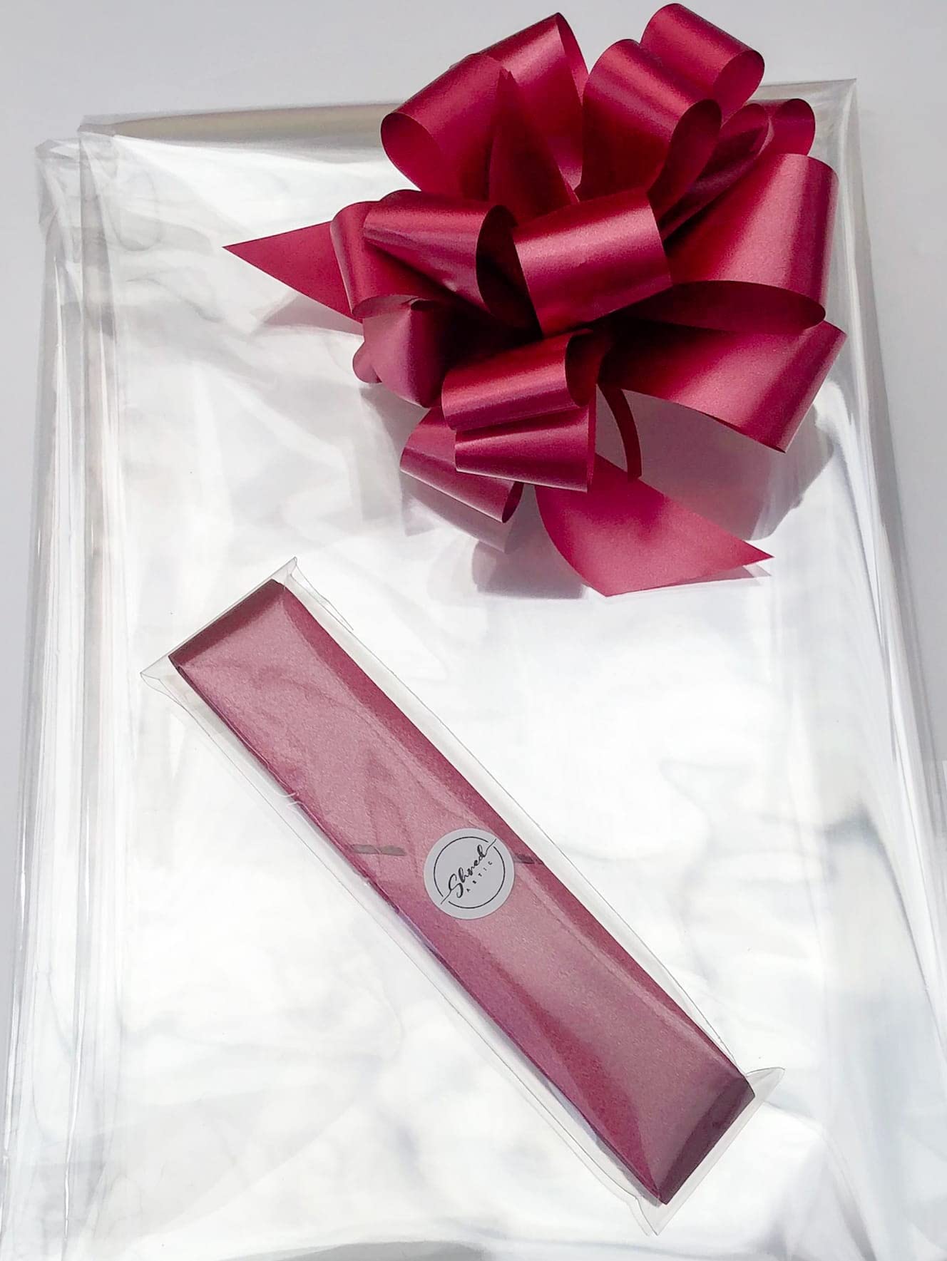 ShredAstic® Clear Florist Cellophane wrap with 30mm Pull Bow (3 metres, Burgundy) — image 1