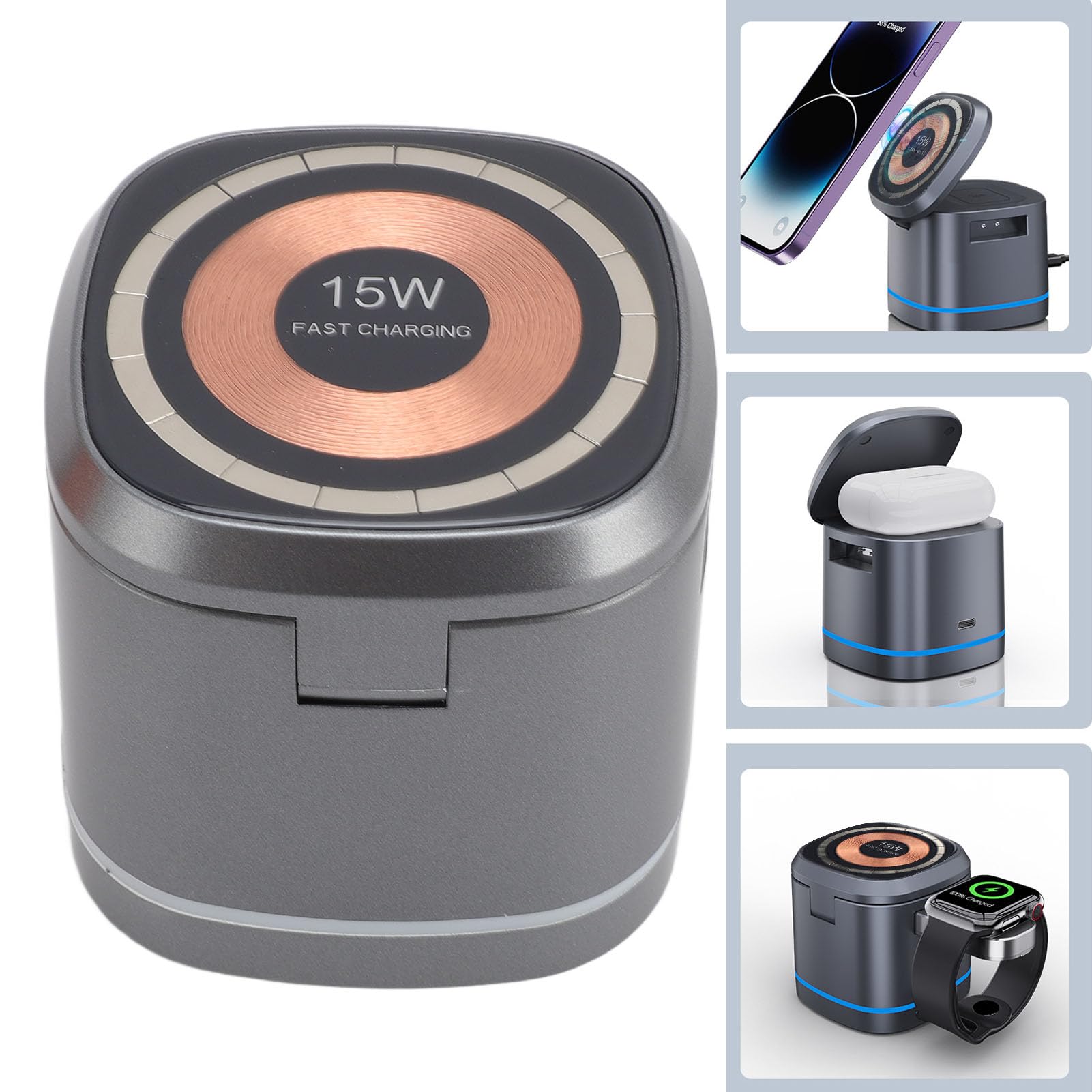 Annadue Chargeur sans Fil Magnétique, Station de Charge Rapide sur 3 avec Une Sortie de 15 W, Un Fort Alignement Magnétique, Un Coussin D'écouteur caché, pour Montre Téléphone