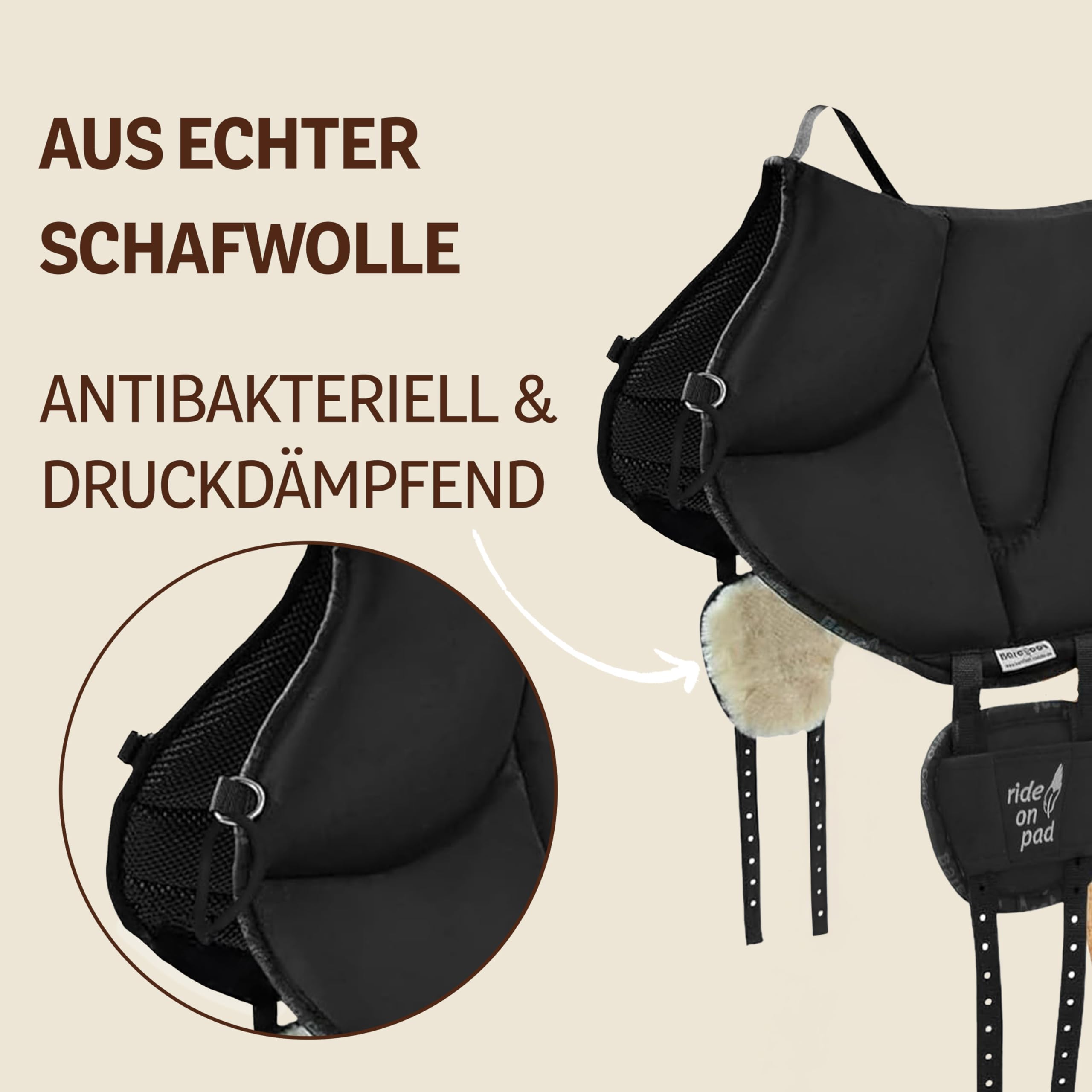 Barefoot Ride-On-Pad braun – Pferdefreundliches Reitkissen mit V-Gurtung – rutschfeste Mikrofaser-Oberfläche & Schafwoll-Patches – Größen für Erwachsene