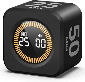 KADAMS Pomodoro Cube Temporizador visual de produtividade – Contagem regressiva rotativa de 5/10/25/50 min. Modo de contagem regressiva, modo silencioso, para trabalho, estudo, cozinha, volta às aulas