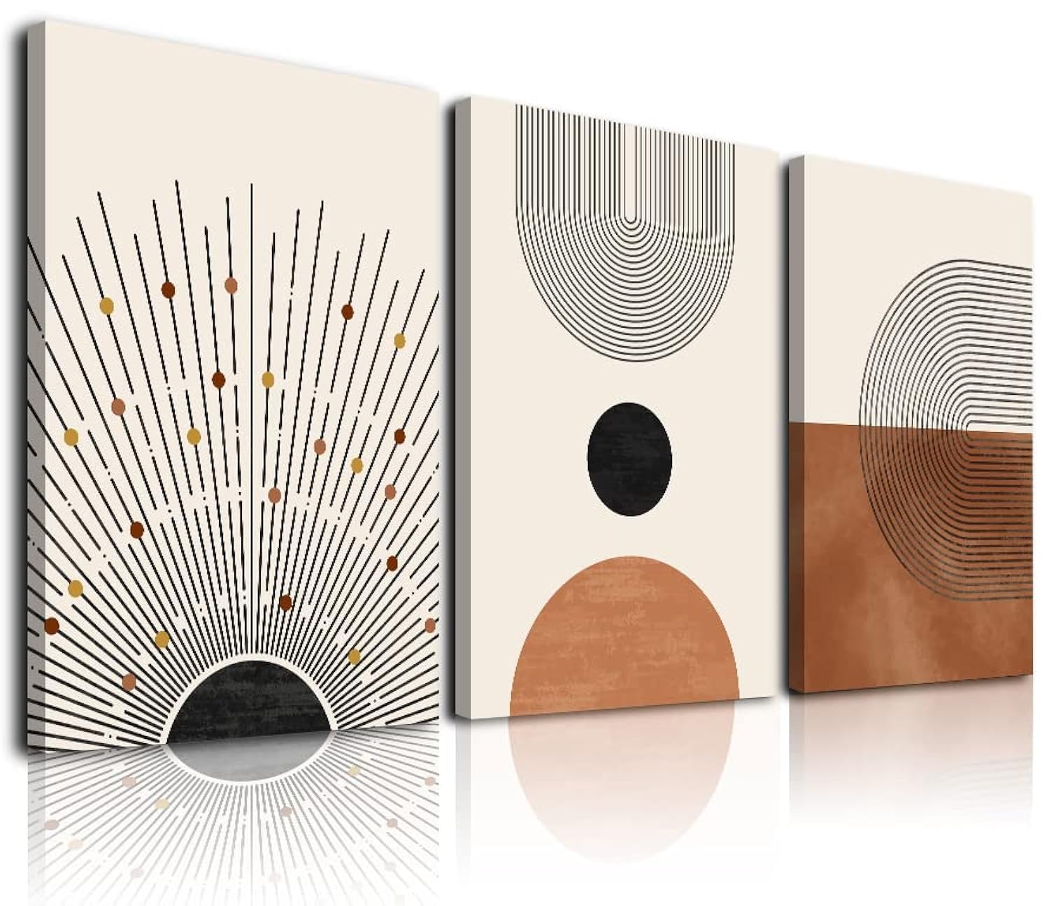 Abstract Boho Wall Art, Mid-Century Modern Wall Prints, Framed Canvas Wall Art for Living Room, Minimalist Neutral Beige Brown Sun Geometry Black Line Artwork Paintings, Modern Boho Room Decor Ready