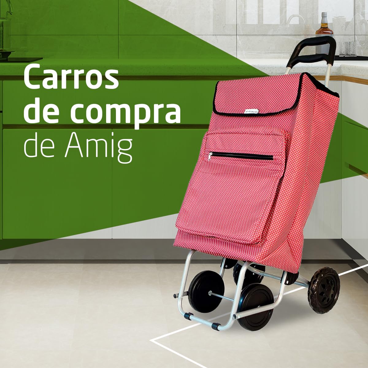 Amig - Carro de la Compra de 4 Ruedas - Bolsillo Exterior para Congelados - Carga Máxima 15kg - Capacidad de 48 litros - 22x40x106 cm - Rojo con Lunares Blancos