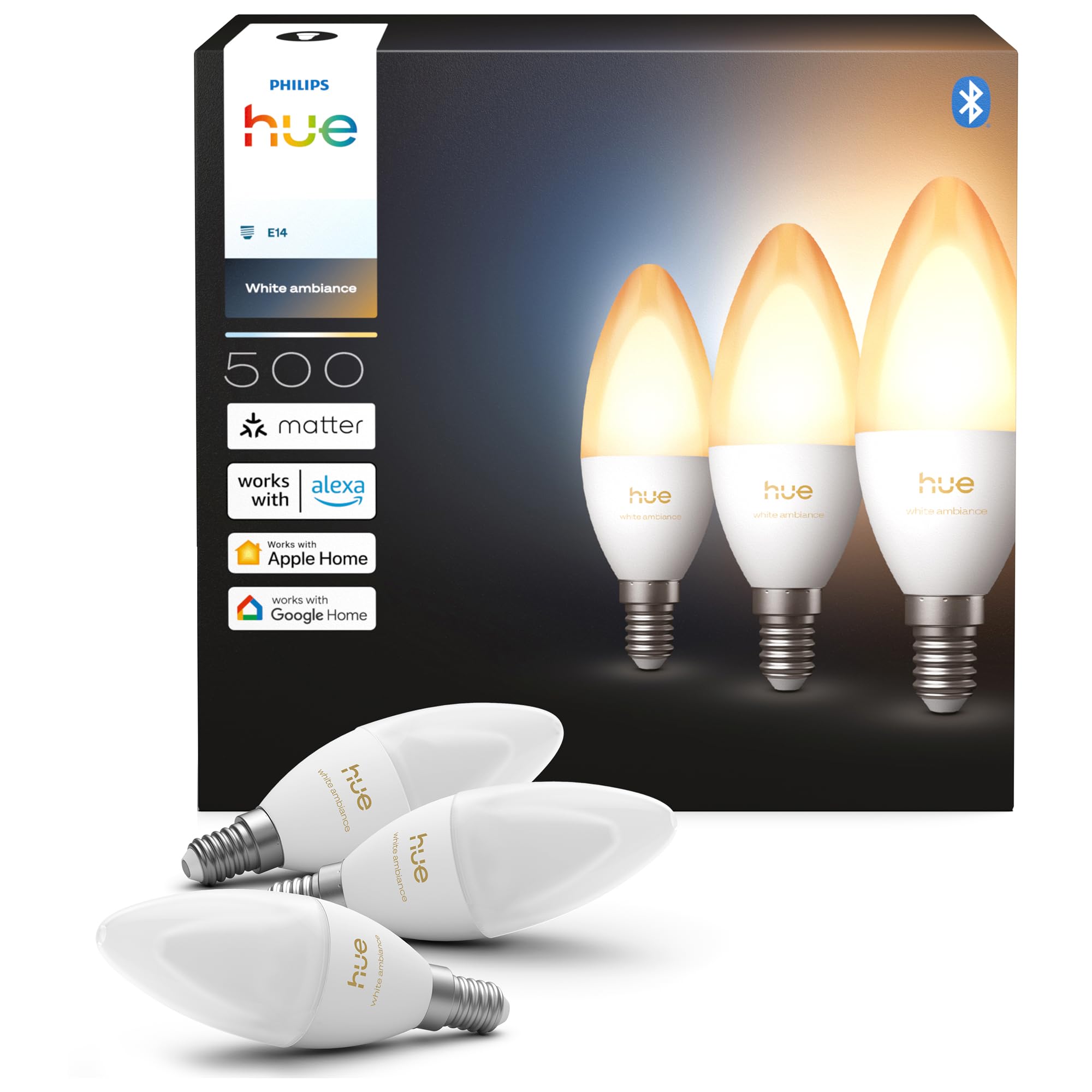 Philips Hue Smart Żarówka Świeca LED, B39, E14, White Ambiance, Pełne Spektrum 1000 K–20000 K, 500 lm, Bardzo Niski Poziom Przyciemniania, Chromasync, Alexa, Google Home, Apple Home, 3 szt.
