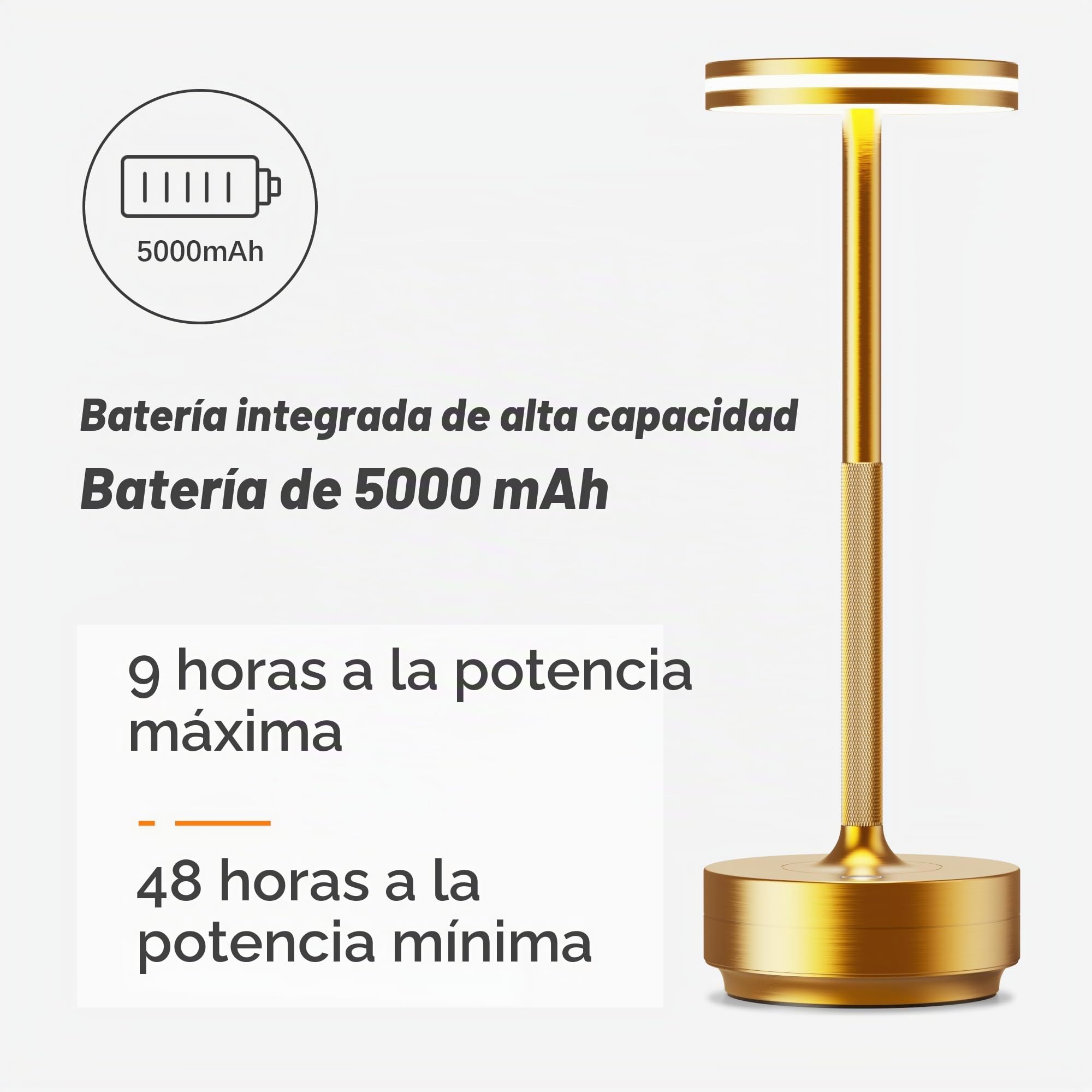 Lampara de Mesa LED Recargable, Lámpara sin Cable con 5000mAh Bateria IP54 | Hapfish Lamparas Escritorio Inalambrica, Lámpara de mesita Noche, Portatil y Impermeable, Para Jardin Comedor 2 Dorado