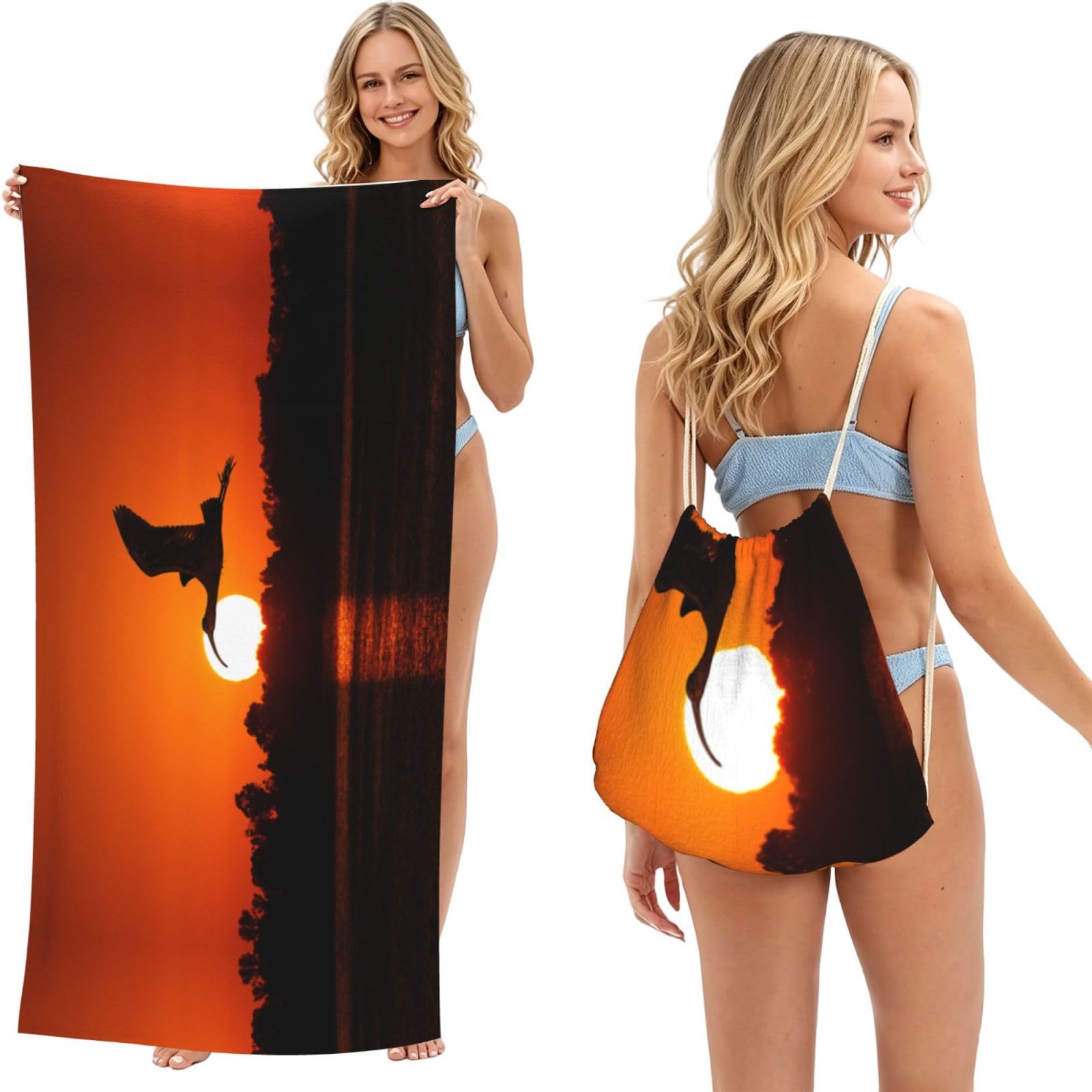ESNAIUVCD Sunset Bird Print Beach Towel For Adults,Towel With Drawstring Bag, Travel Pool Swimming Sports Shower Sand Free Quick Dry Bath Towel For Pool, Beach, Yoga- 180x60cm