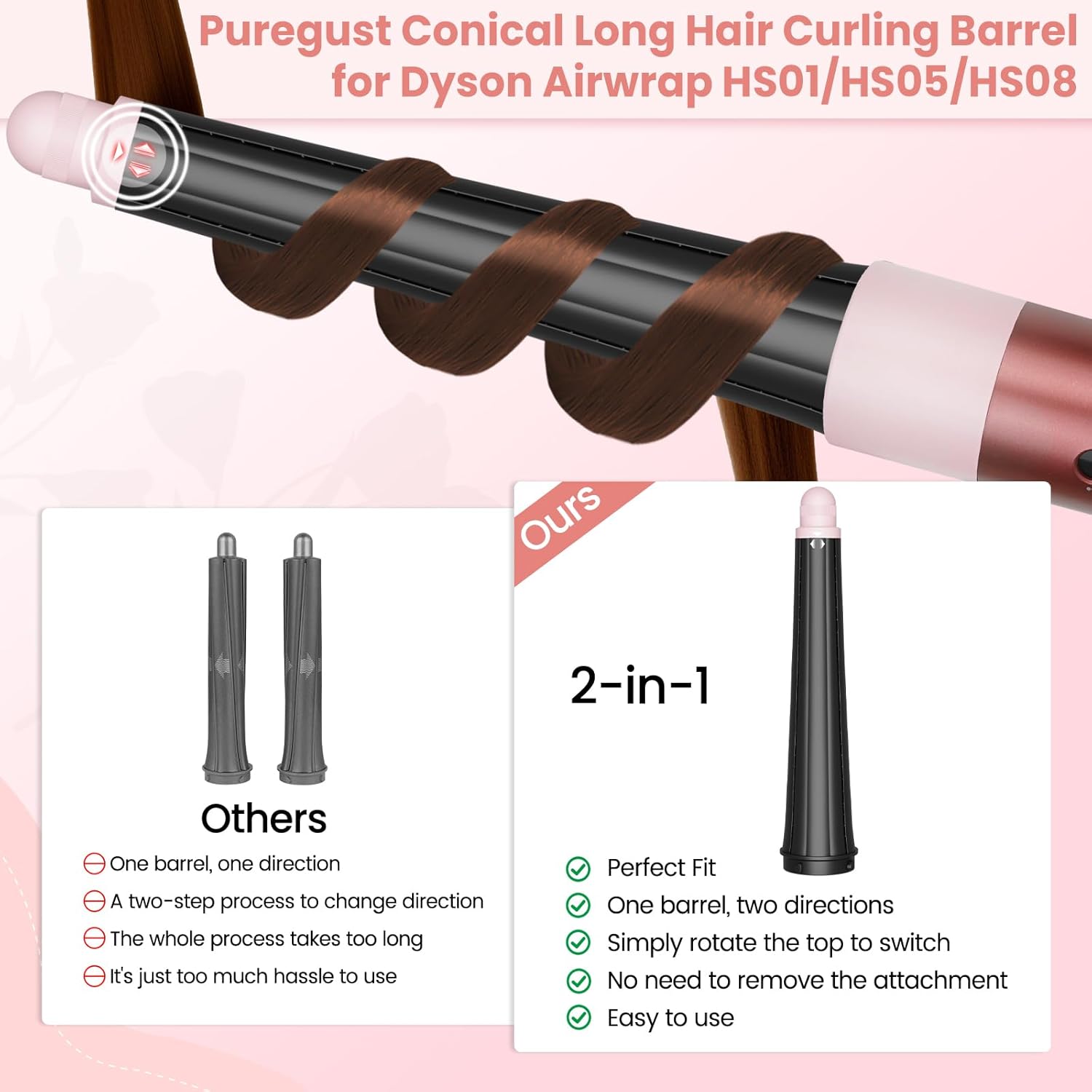 0.78in-1.4in Conical Long Barrels Attachment for Dyson Airwrap HS01 HS05 HS08 Accessories, 20MM-36MM Auto-Wrap Curling Iron Curlers for Professional Barrels Curl and Wave Curl Hair, Pink