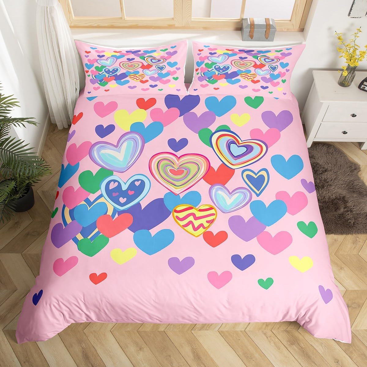 Colorful Hearts Toddler Duvet Cover 2 Pcs,Cartoon Lovely Heart Graffiti Decor Bedding Sets for Kids Girls Teens,Romantic Style Valentine's Day Theme Quilt Cover with 1 Pillowcase,No Comforter