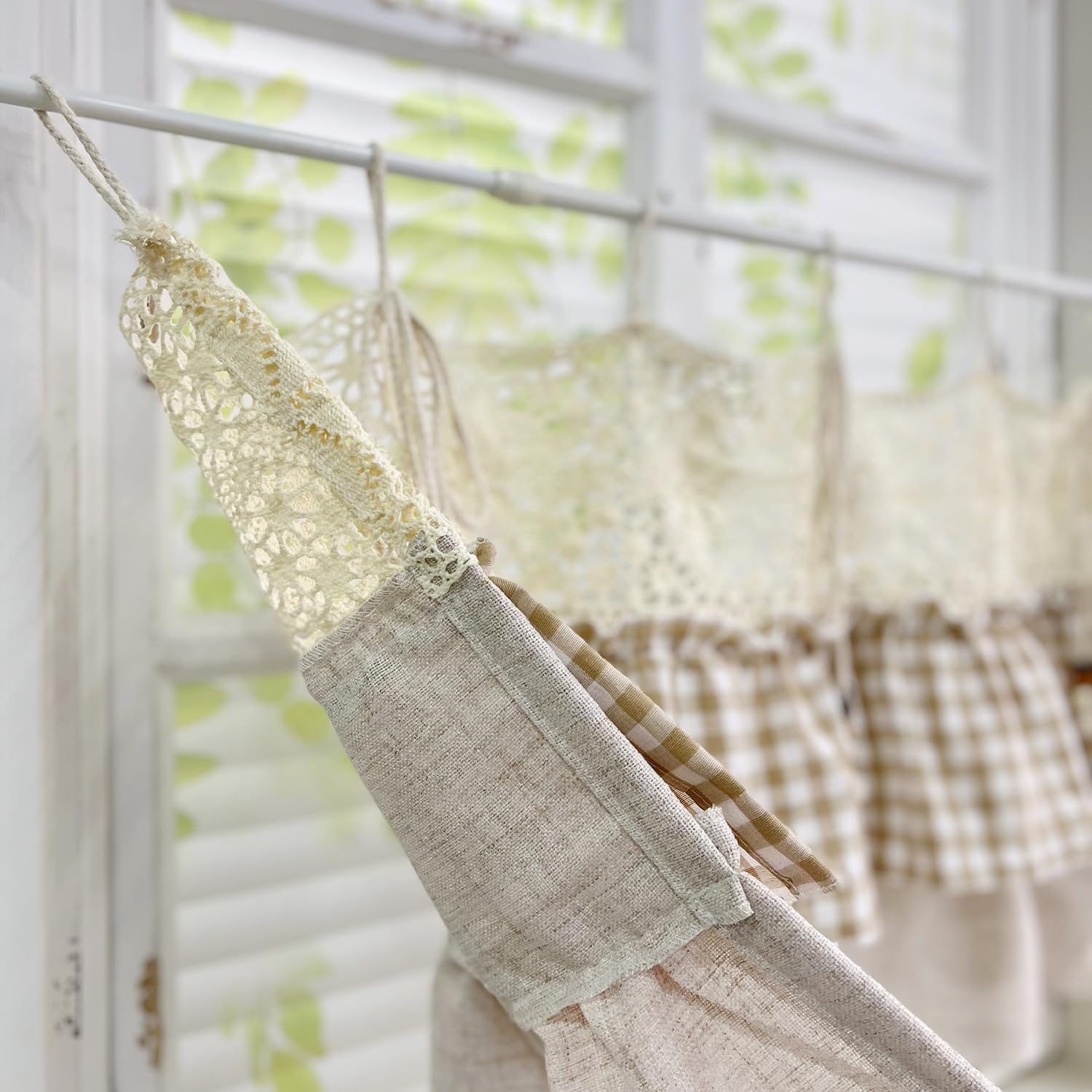Gxi Tie Top Gingham Kitchen Curtain Check Ruffle Valance Rod Pocket Classic Vintage Beige Farmhouse Short Curtain Linen Valances for Small Windows, 1 Panel W79 x L20 inch