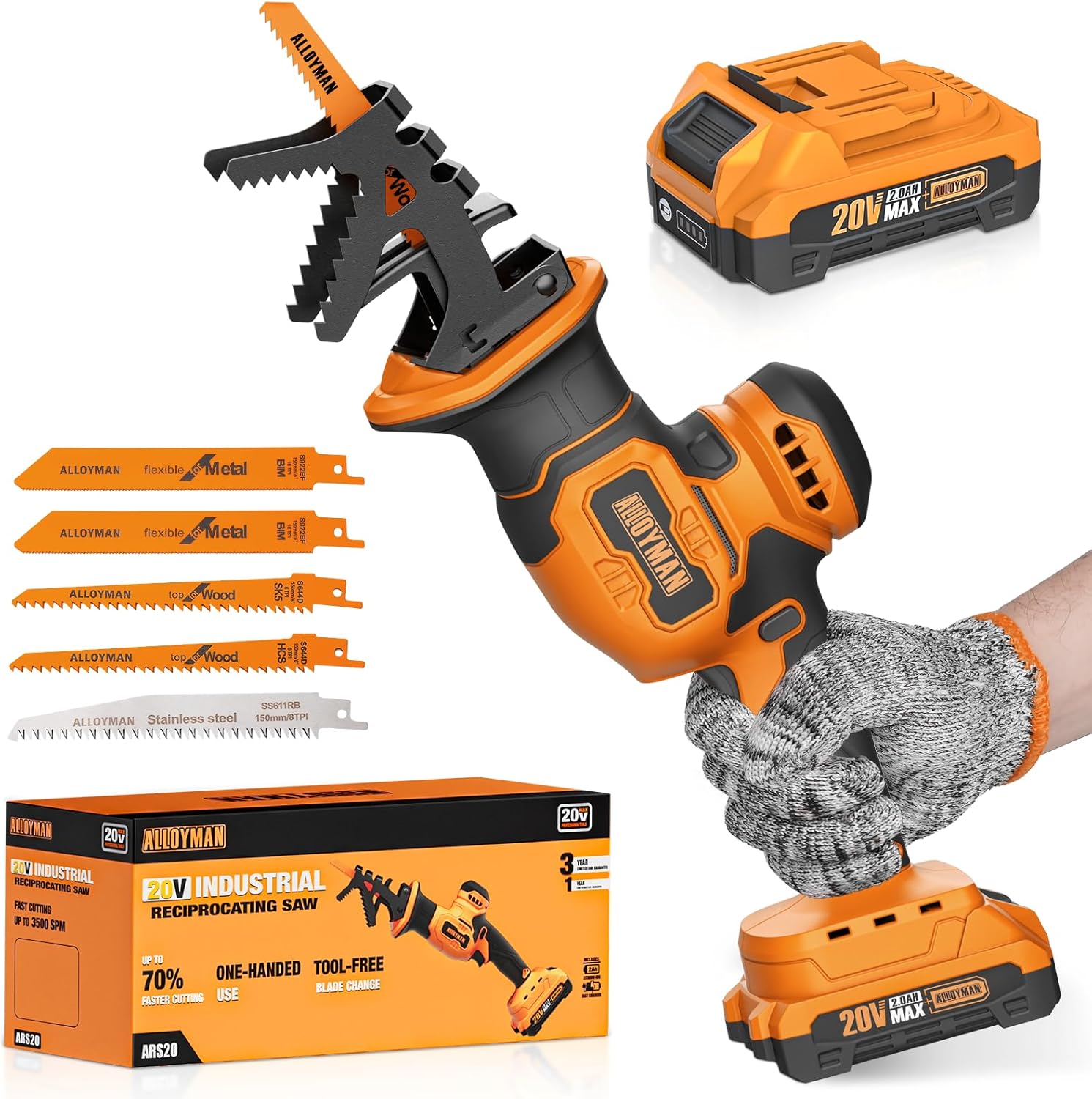 Alloyman Reciprocating Saw, 20V Cordless Battery Power Saw, 0-3500 SPM, with 2000mAh Battery, Tool-Free Change, 5 PCS Blades for Wood Metal PVC Pipe Tree Cutting
