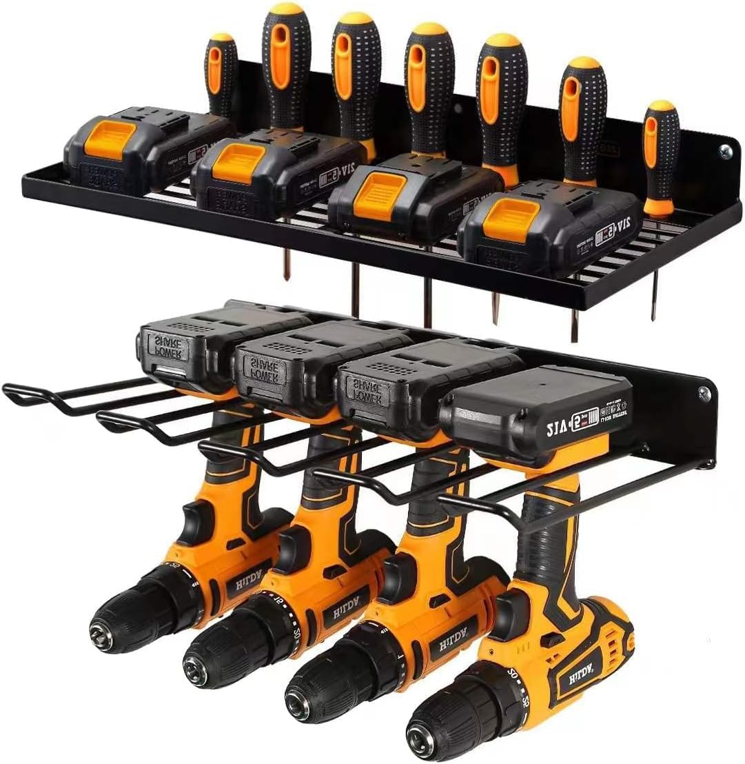 Power Tool Organizer Storage Rack Wall Mount Drill Holder for 5 Power Drill Tools, Drill Holder Wall Mount for Heavy Duty Pegboard Wall Organizer Set Solid Metal for Garage, Home, Workshop (Black)