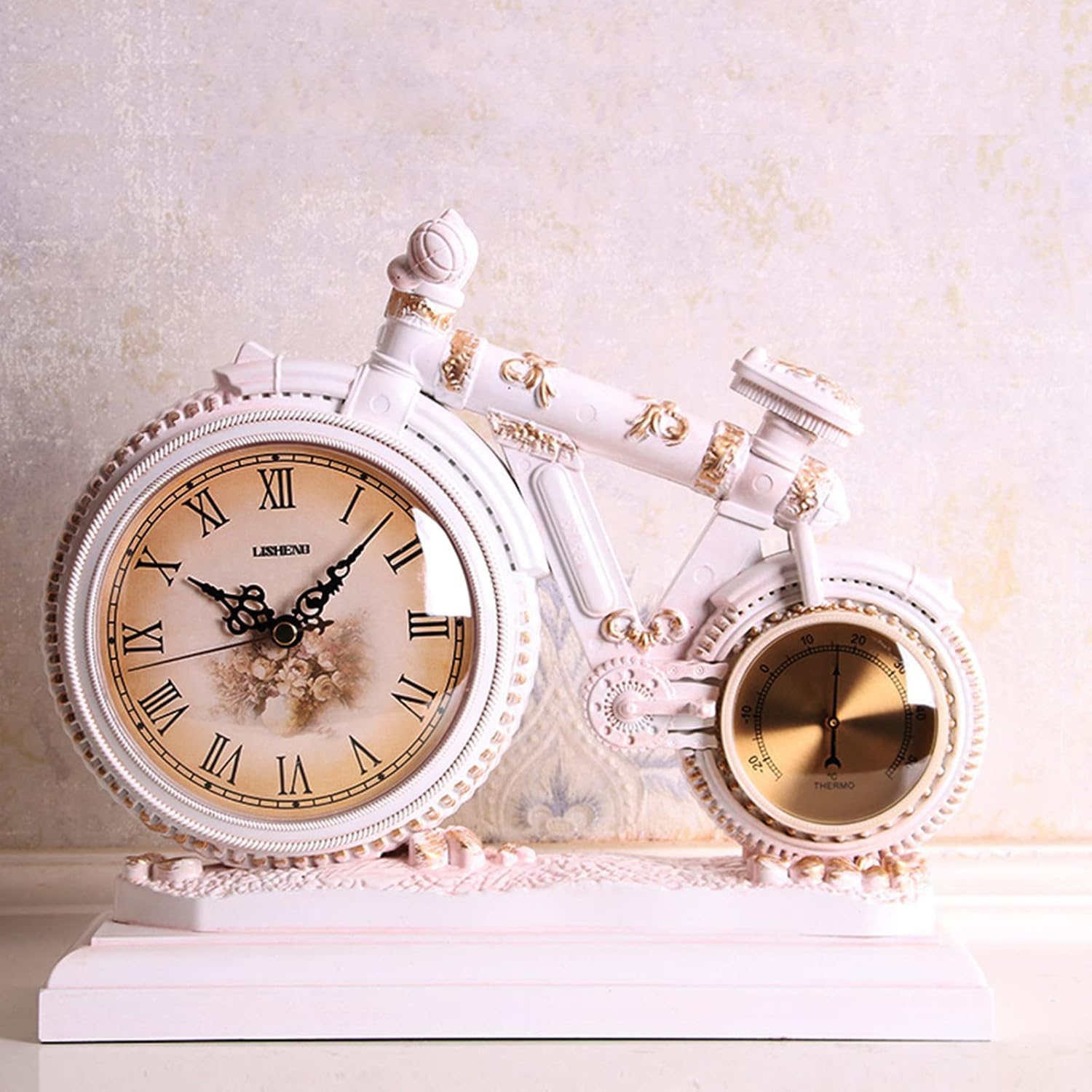 Mantel Clock Resin Decoration Motorcycle Mantel Clock Silent Decorative Solid Wood Battery Operated Mantle Clock for Fireplace Mantel Office Desk Shelf Home Decor Gift (E)