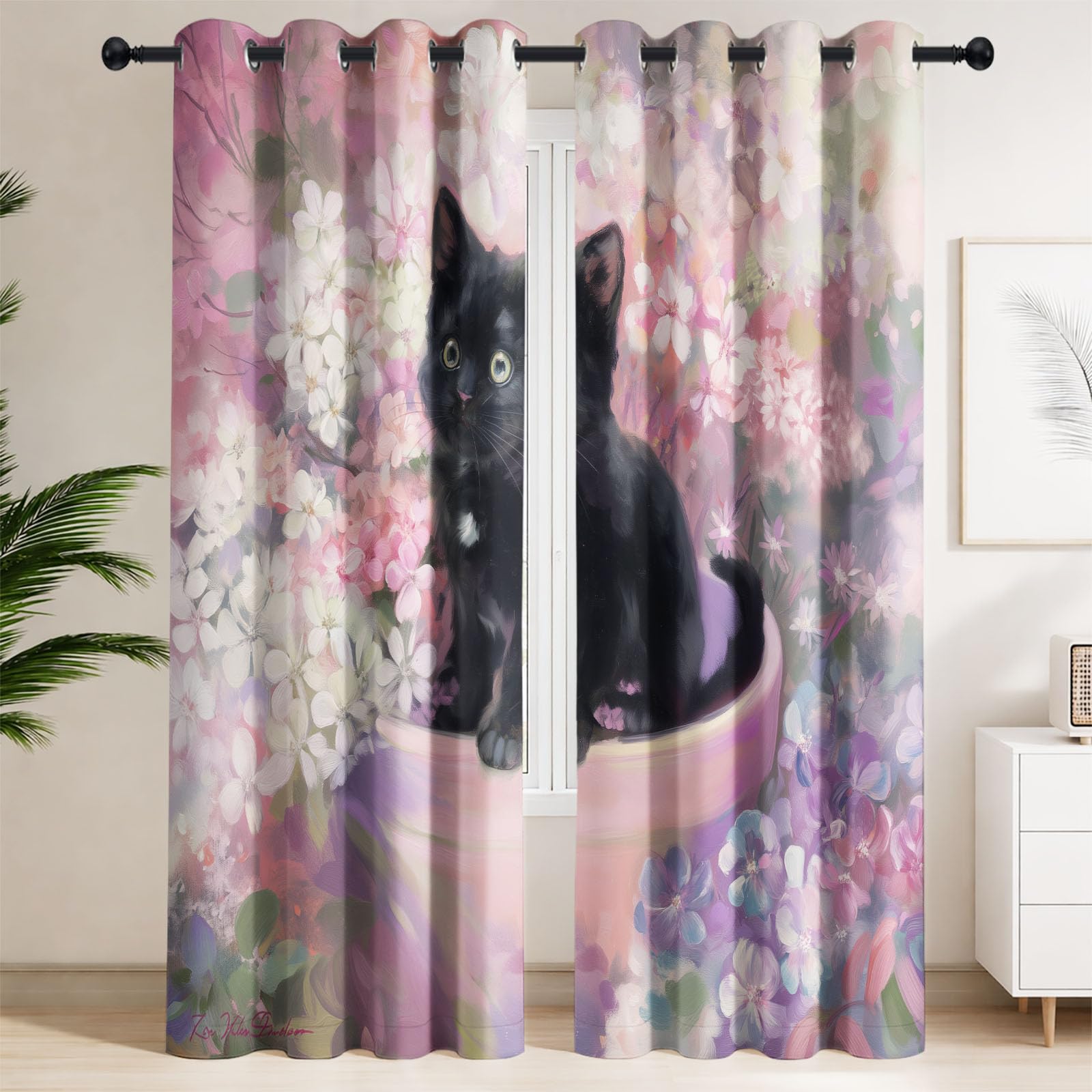 Generisch Cortinas térmicas para sala de estar, cortinas opacas japonesas lindas con ojales, diseño de gato y flores, cortinas opacas con aislamiento térmico para dormitorio, 215 x 140 cm (alto x