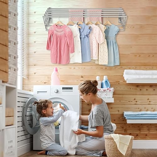 Miniatura 4 de XL-31.5 pulgadas - Estante de secado de ropa para montaje en la pared, 130 libras, gran capacidad, a prueba de óxido, retráctil, estante de secado