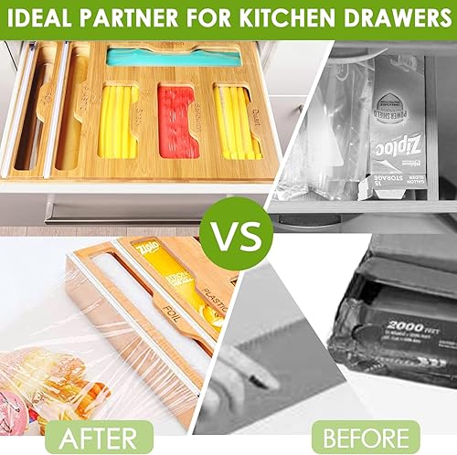 Miniatura 7 de Organizador de papel de aluminio y plástico 6 en 1 para cajón de cocina, dispensador de envoltura de plástico con cortador, papel de bambú y