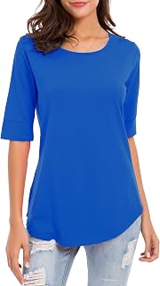 Womens Elbow Length Sleeve Tops Summer Fashion Cotton Blouses Casual Tunic Tee Shirts