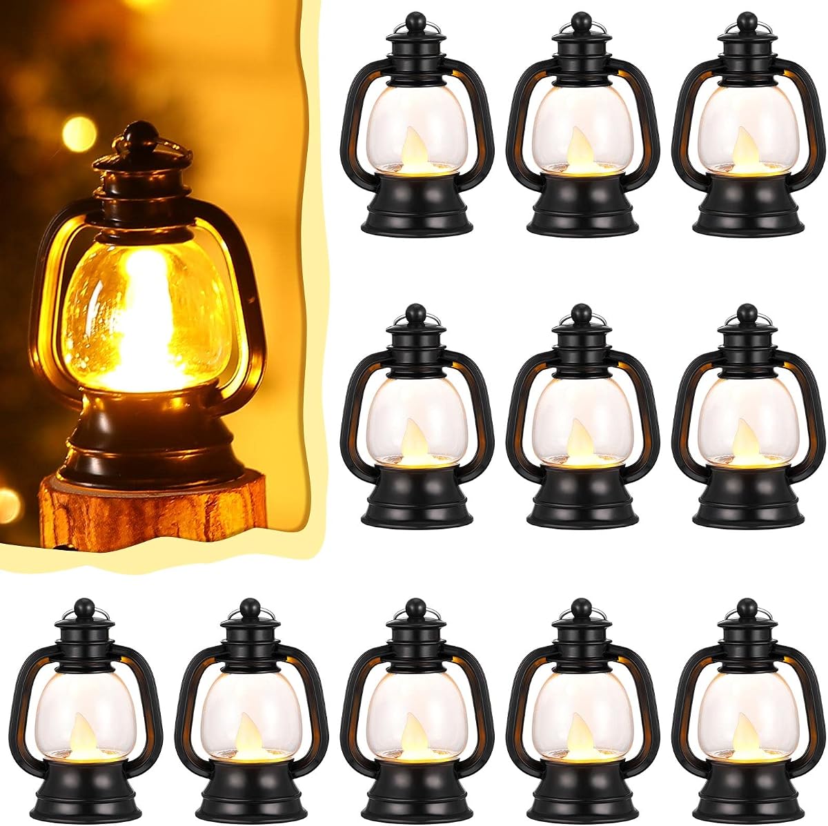Ferraycle 12 mini linternas de 4 pulgadas, lámpara negra, decoración de mesa | Centros de mesa de vaquero occidental, lámpara colgante para fiesta de boda, luces LED, decoración a granel para vacaciones de Navidad de Halloween