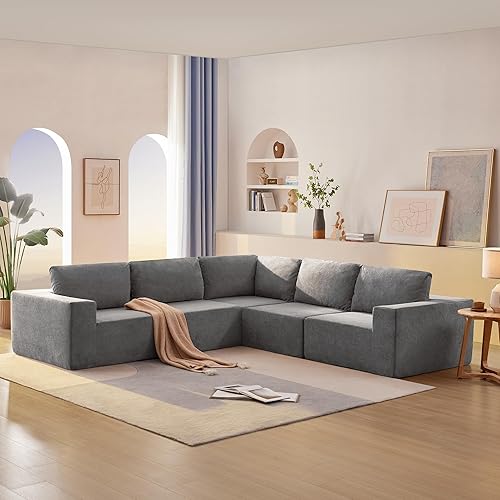 Sofá modular de estilo minimalista, sofá de nube de tela de chenilla de lujo con otomana móvil, sofá cama para sala de estar, no requiere montaje,