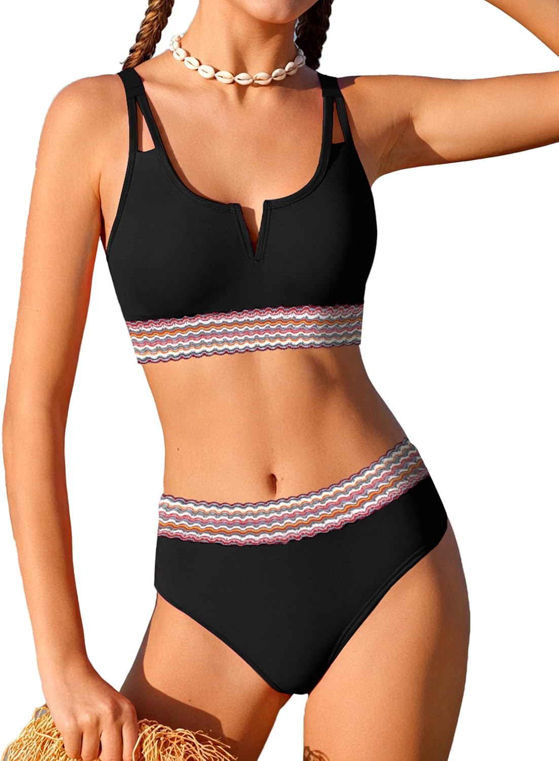 BAVADER Girls Swimsuit High Waisted Bathing Suit for Girls V-Neck Cutout Two Piece Swimwear Color Block Welt Bikini Set 9-16y