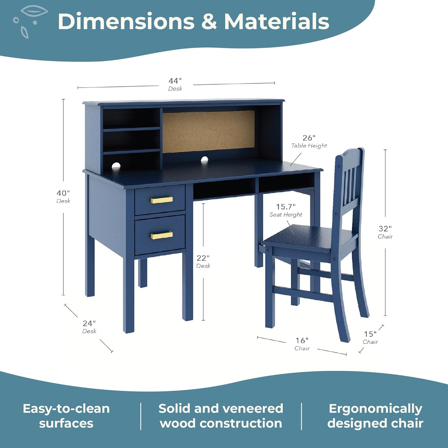 Guidecraft Taiga Kids Desk and Chair Set with Hutch - Navy: Wooden Computer Desk & Workstation | Kids Table with Storage, Drawers and Cubby Shelves, Children's Study Table & Chair Set