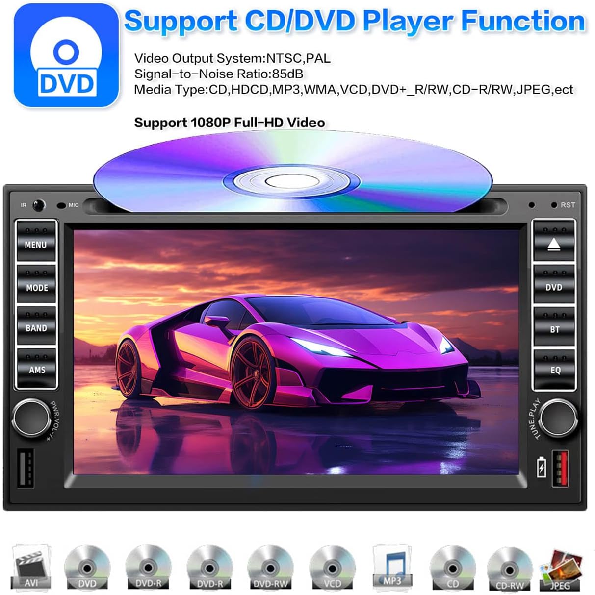 Image illustrating the Bluetooth function of the car stereo, showing a phone connected for music playback and hands-free calling, with icons for A2DP, PB-Download, PB-Search, and BT Hands-free.