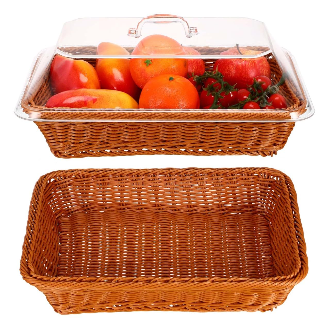 Cesta de pan tejida de mimbre para servir, cesta de pan de ratán de imitación con tapa acrílica, cesta tejida de mesa para servir alimentos, cesta de frutas para cocina y restaurante