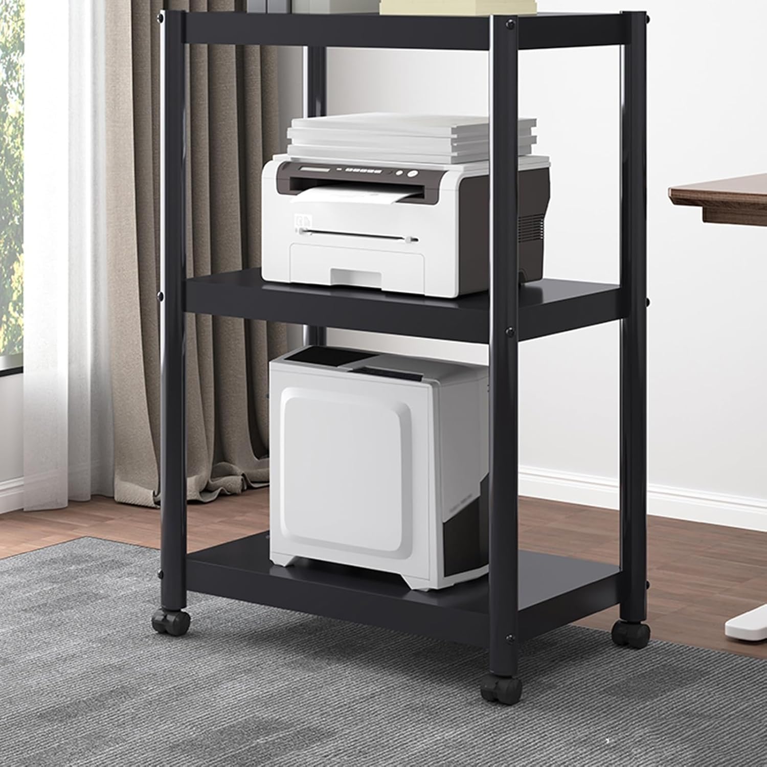 Computer Tower Stand,3-Tier Rolling Printer Cart Under Desk,8cm Height Adjustable Shelves,Max Load 110 Lbs,for Office Home Classroom(80x40x30cm)