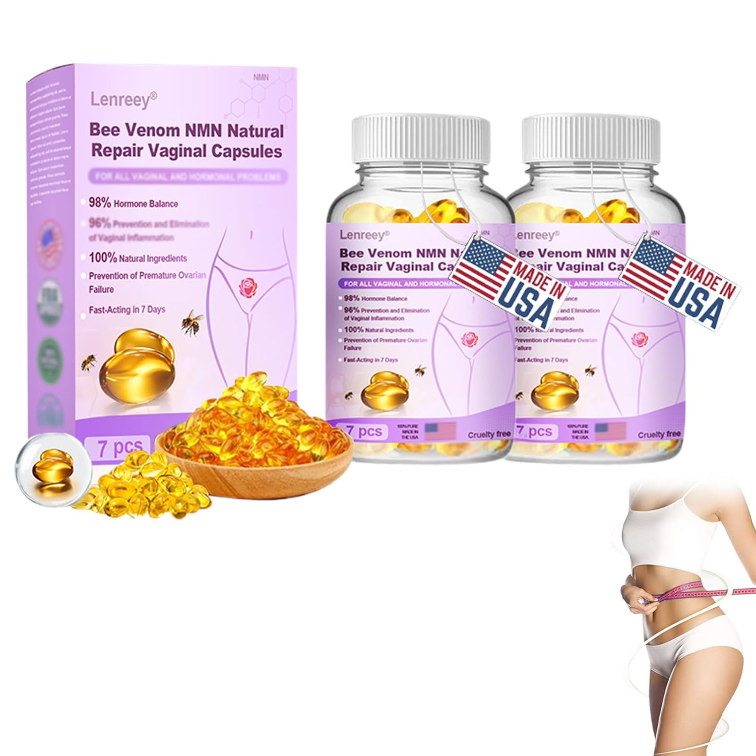 Biancat Lenreey Bee Venom Natural Repair Vaginal Capsules, Professional Bee Venom Vaginal Capsules for Women, Lanrey Bee Venom Capsules for Vaginal Tightening (2Pack)