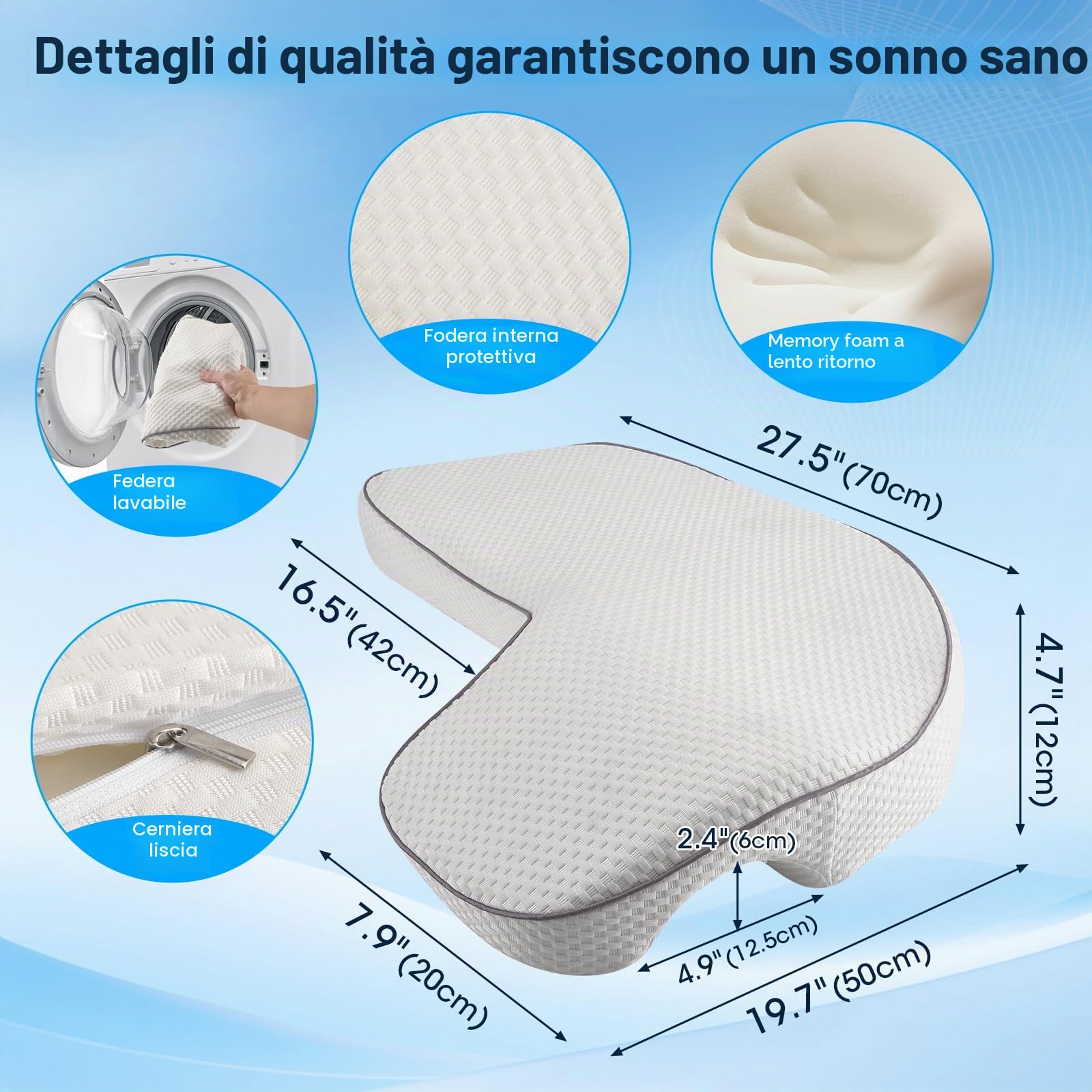 Cuscino per Chi Dorme di Lato con Foro per Il Braccio, Cuscino in Memory Foam per dormienti Laterali Schiena o Addominali, Cuscino Ortopedico per Chi Dorme sul Fianco
