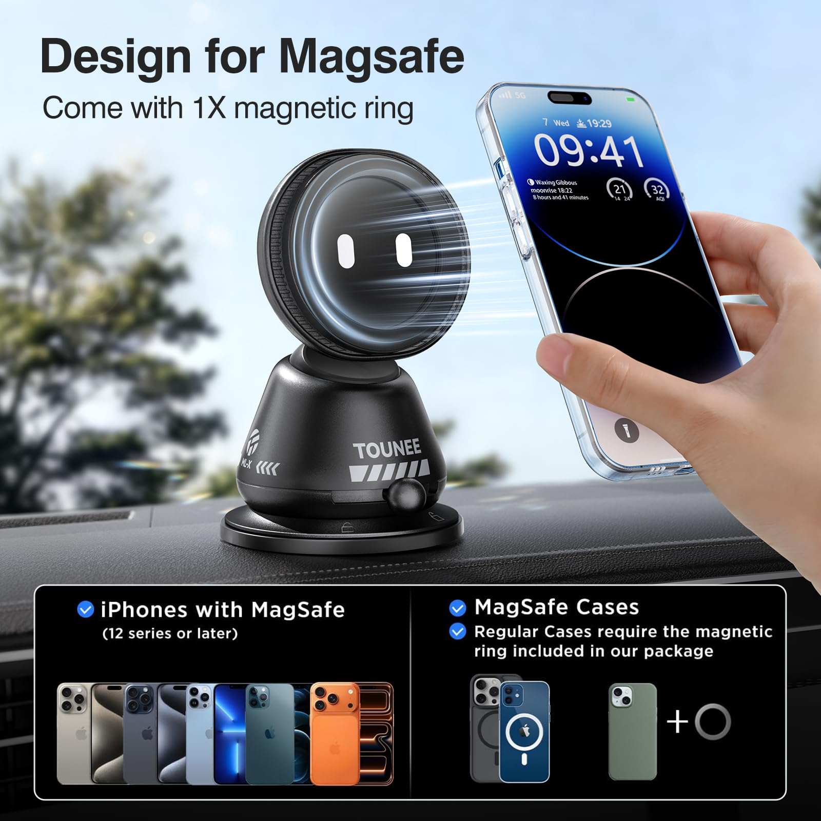 tounee Magnetyczny uchwyt samochodowy na deskę rozdzielczą, obracany o 360°, uchwyt na telefon samochodowy, uniwersalny stojak na telefon komórkowy do iPhone 17 Pro Max 16 15 14 13 12-czarny