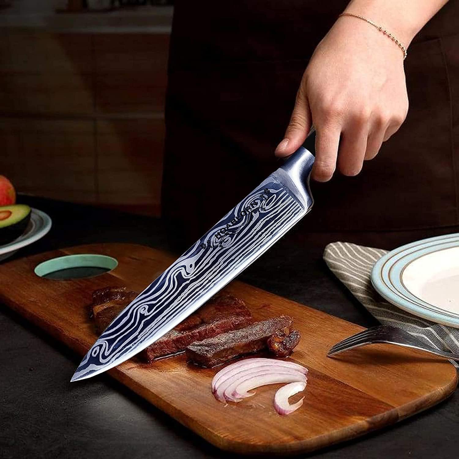 Knife Set, 7-Piece Kitchen Knives Set with Block Professional Stainless Steel Knives Set for Kitchen Damascus Knives Set with Built-in Knife Sharpener for Chef's Family - Image 3